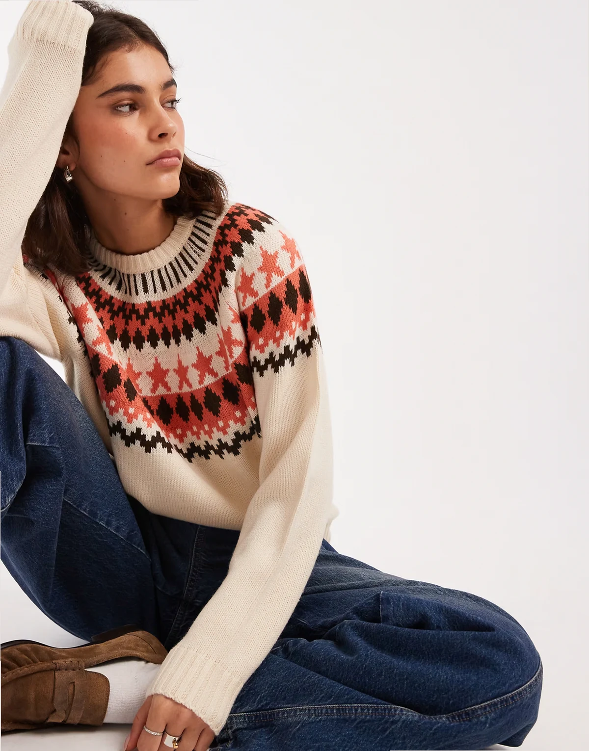 high neck fairisle sweater in cream