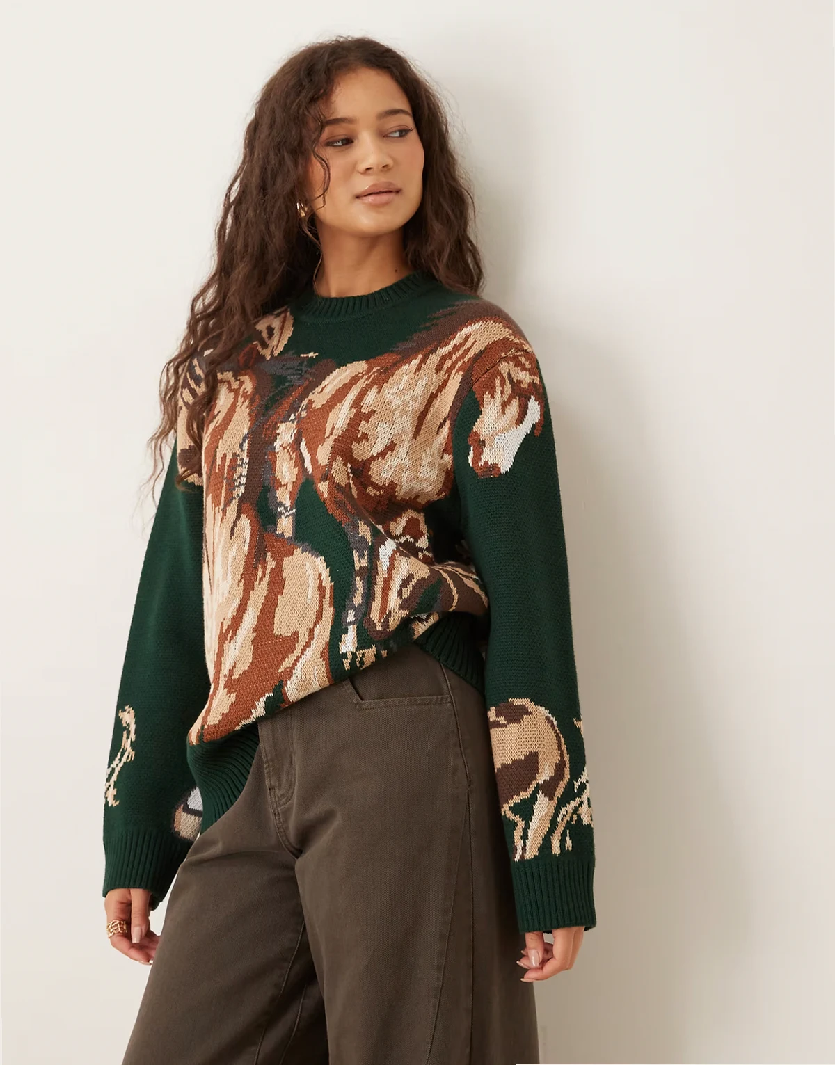 classic wild horses sweater in emerald green