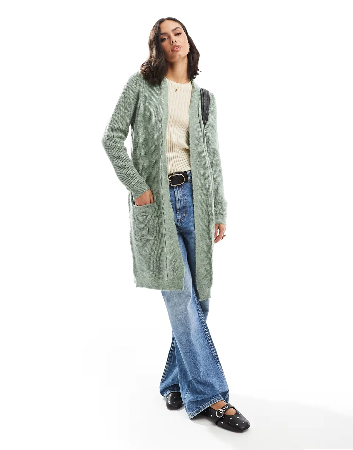 – Offene Longline-Strickjacke in Grün