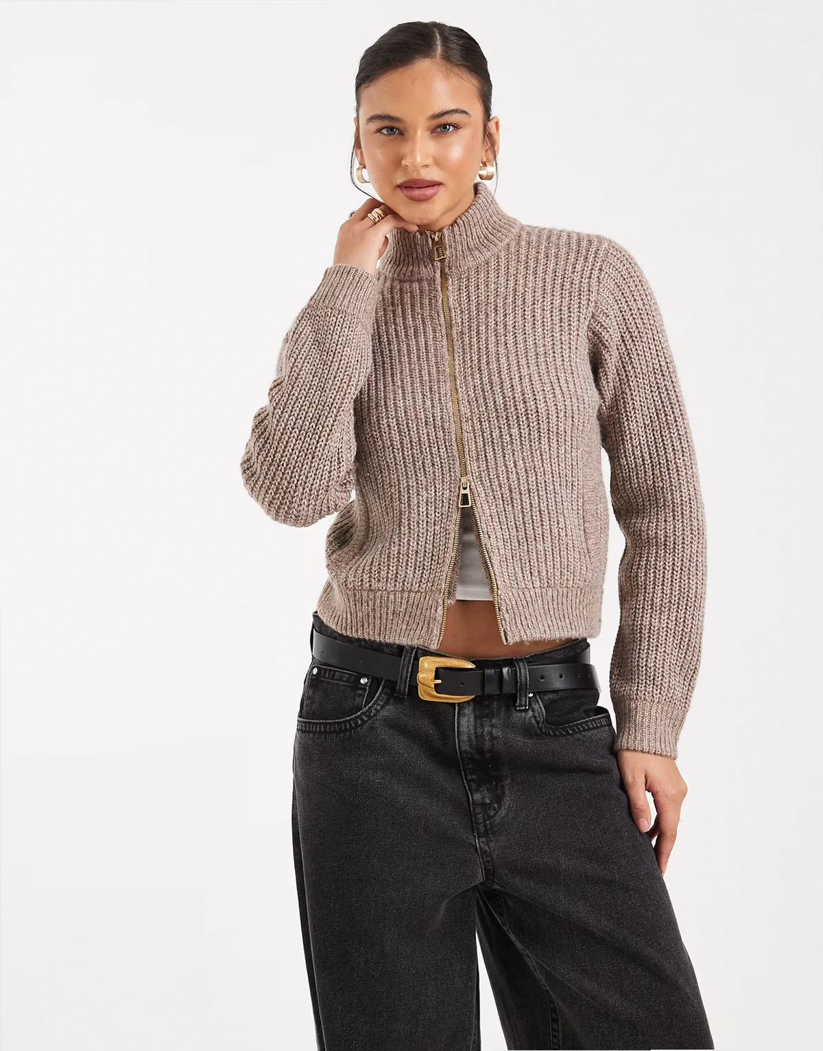 double ended zip through bomber cardigan in biscuit