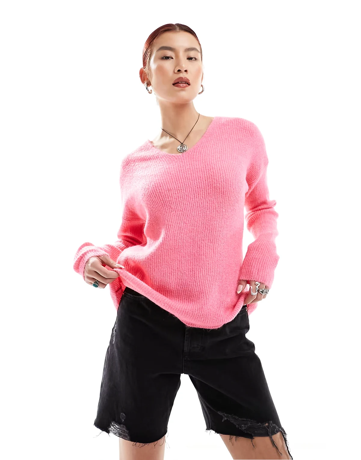 – Lockerer Pullover in meliertem Rosa mit V-Ausschnitt