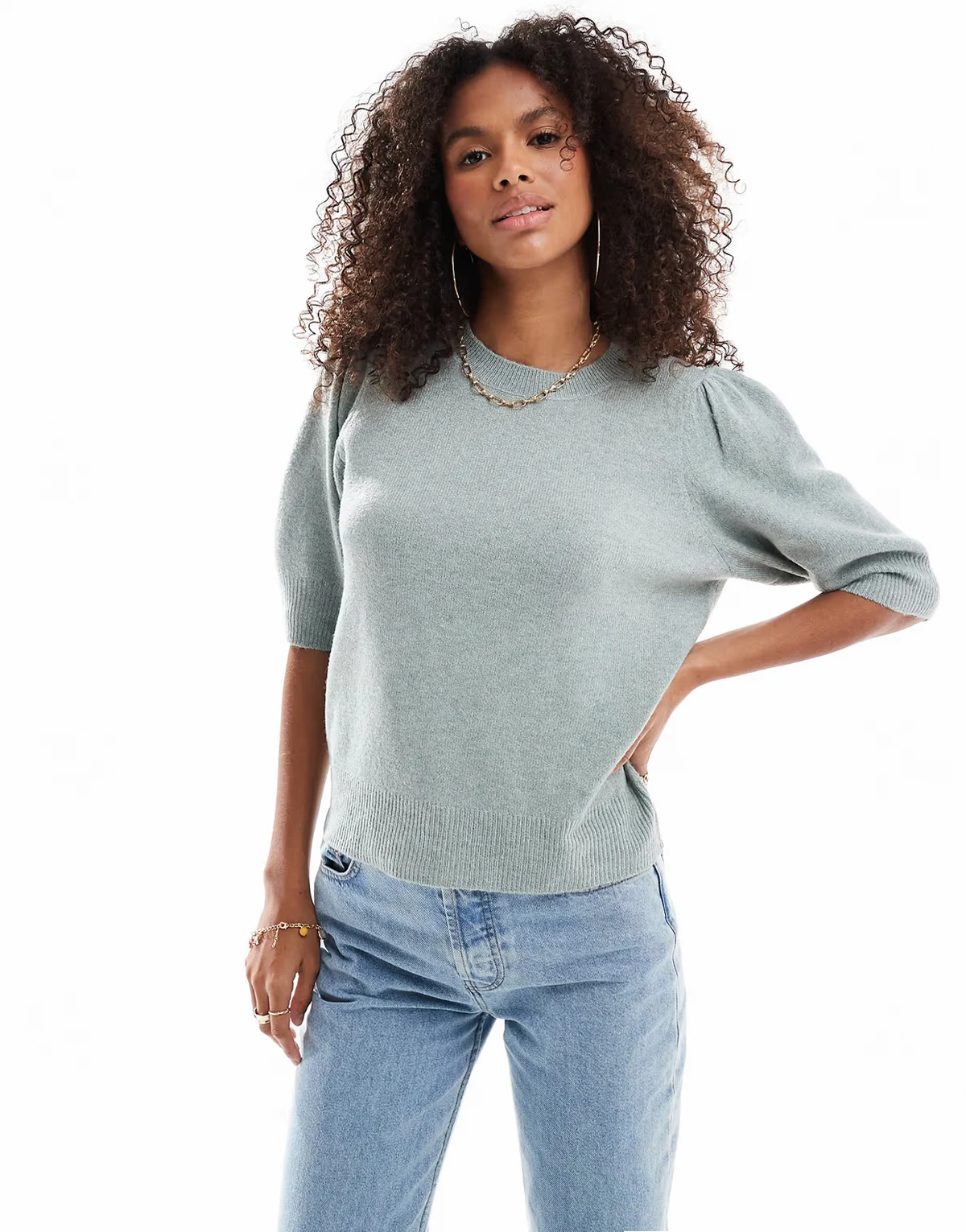 – Strickpullover in Grün mit Dreiviertelärmeln