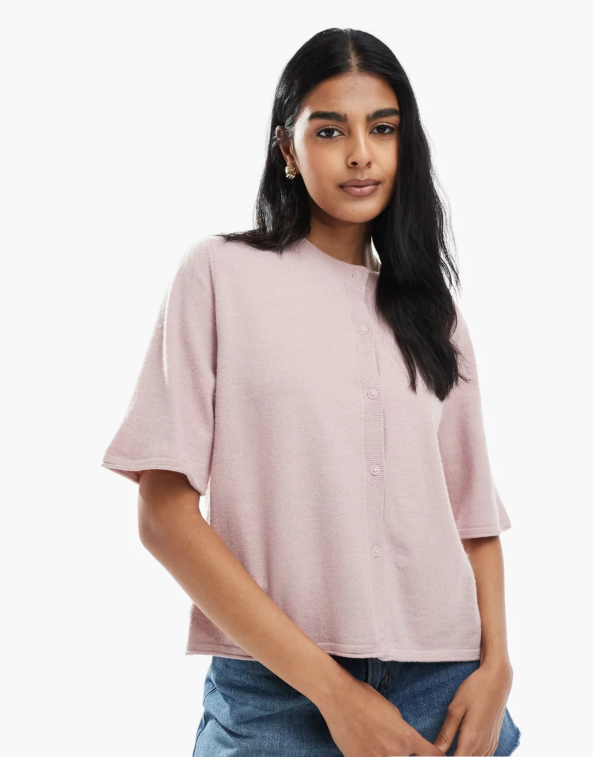 – Kurzärmlige Strickjacke in blassem Malven-Lila