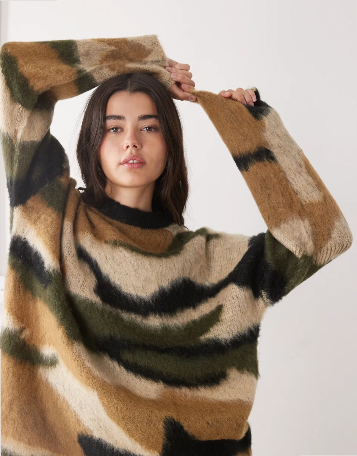 oversized knit sweater in camo print