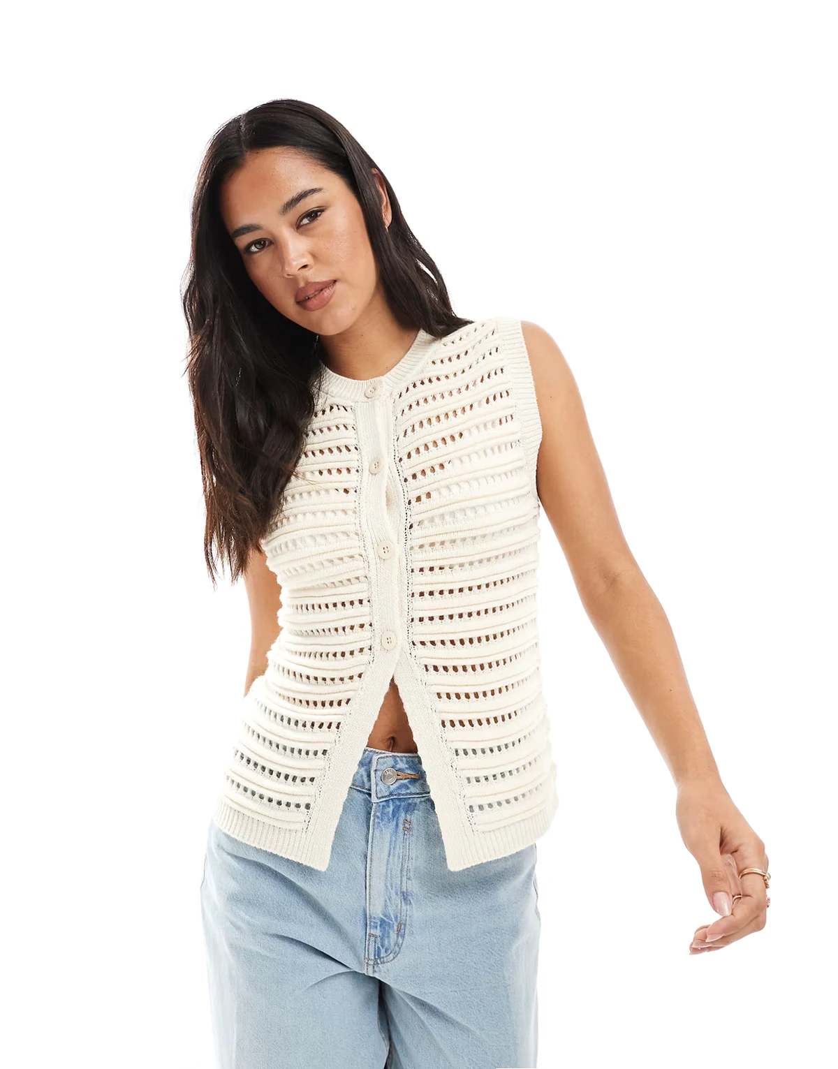 – Weste aus Strick in Creme mit Knopfleiste