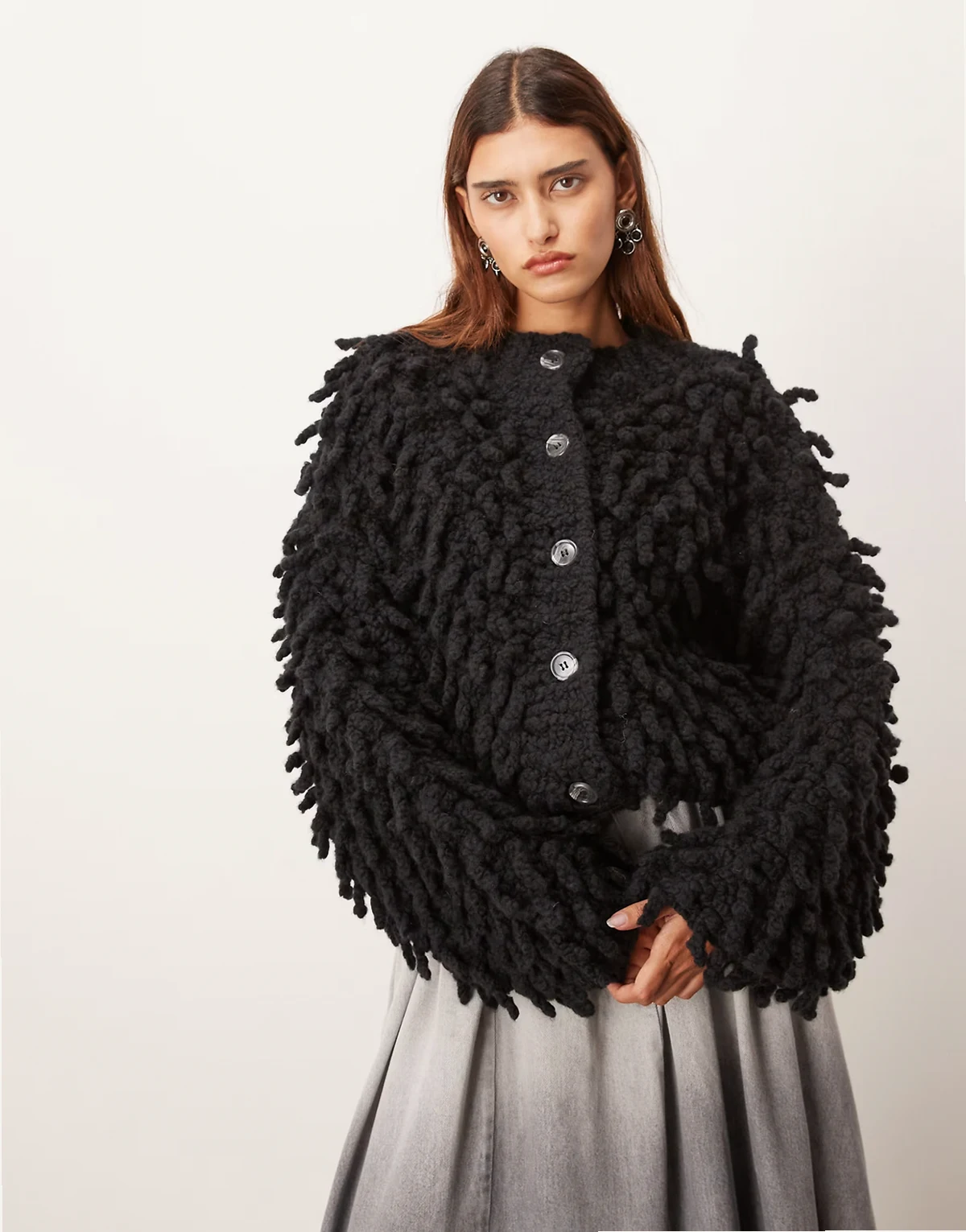 wool hand knit ultimate loop fringe cardigan in black