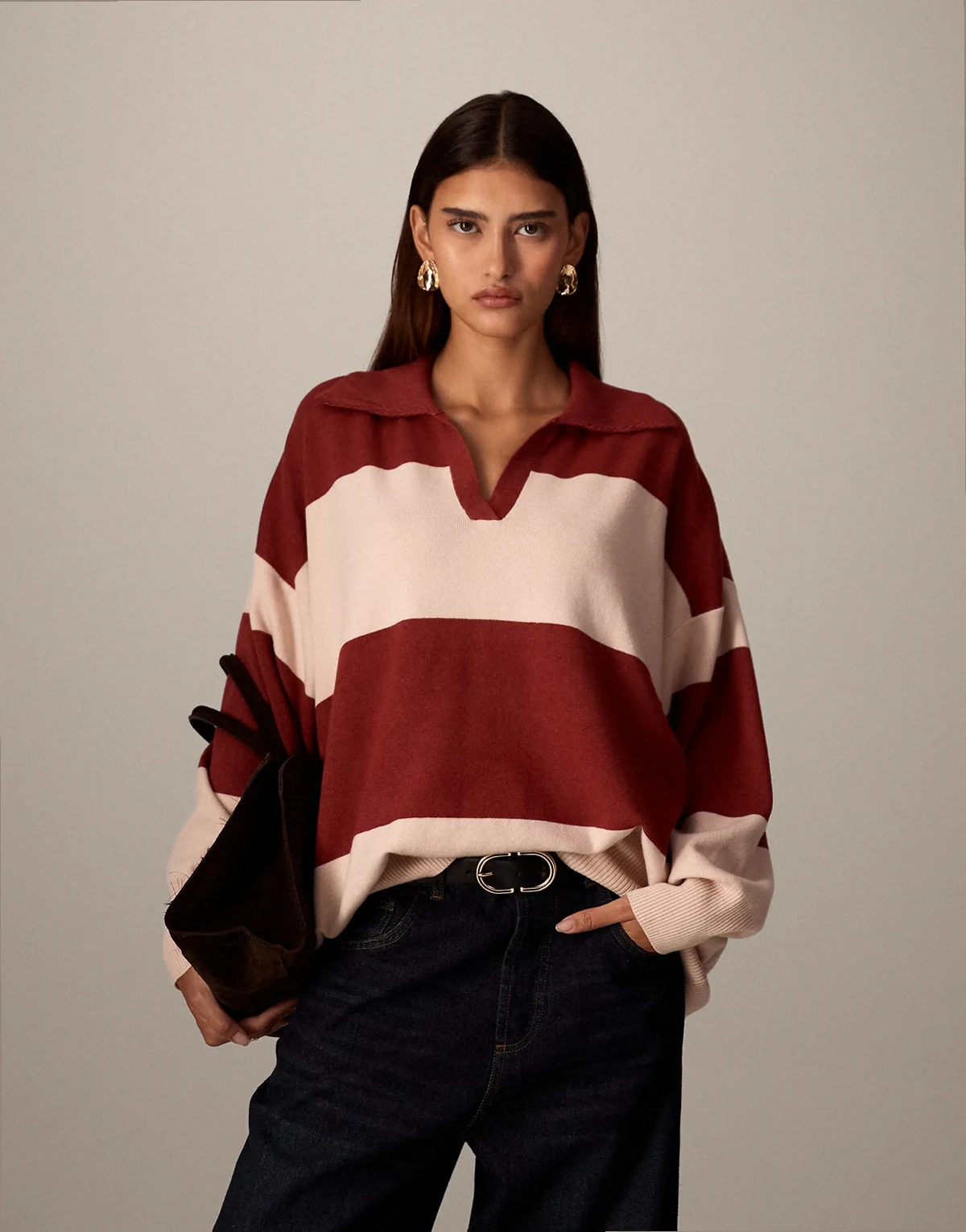 rugby knit collar oversized sweater in red and cream stripes