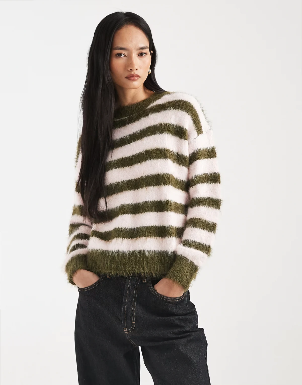 Kiss fluffy soft knit sweater in olive & pink stripe