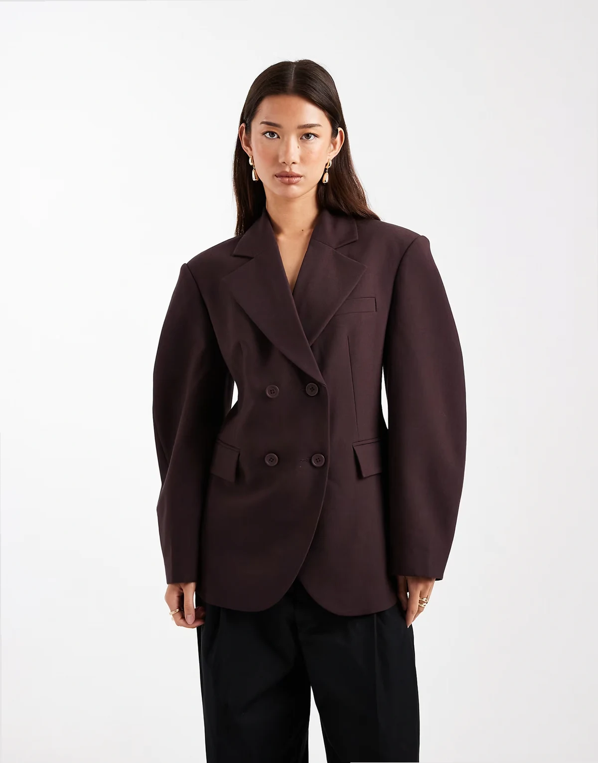 – Eleganter, zweireihiger Blazer in Schokobraun mit Cocoon-Ärmeln