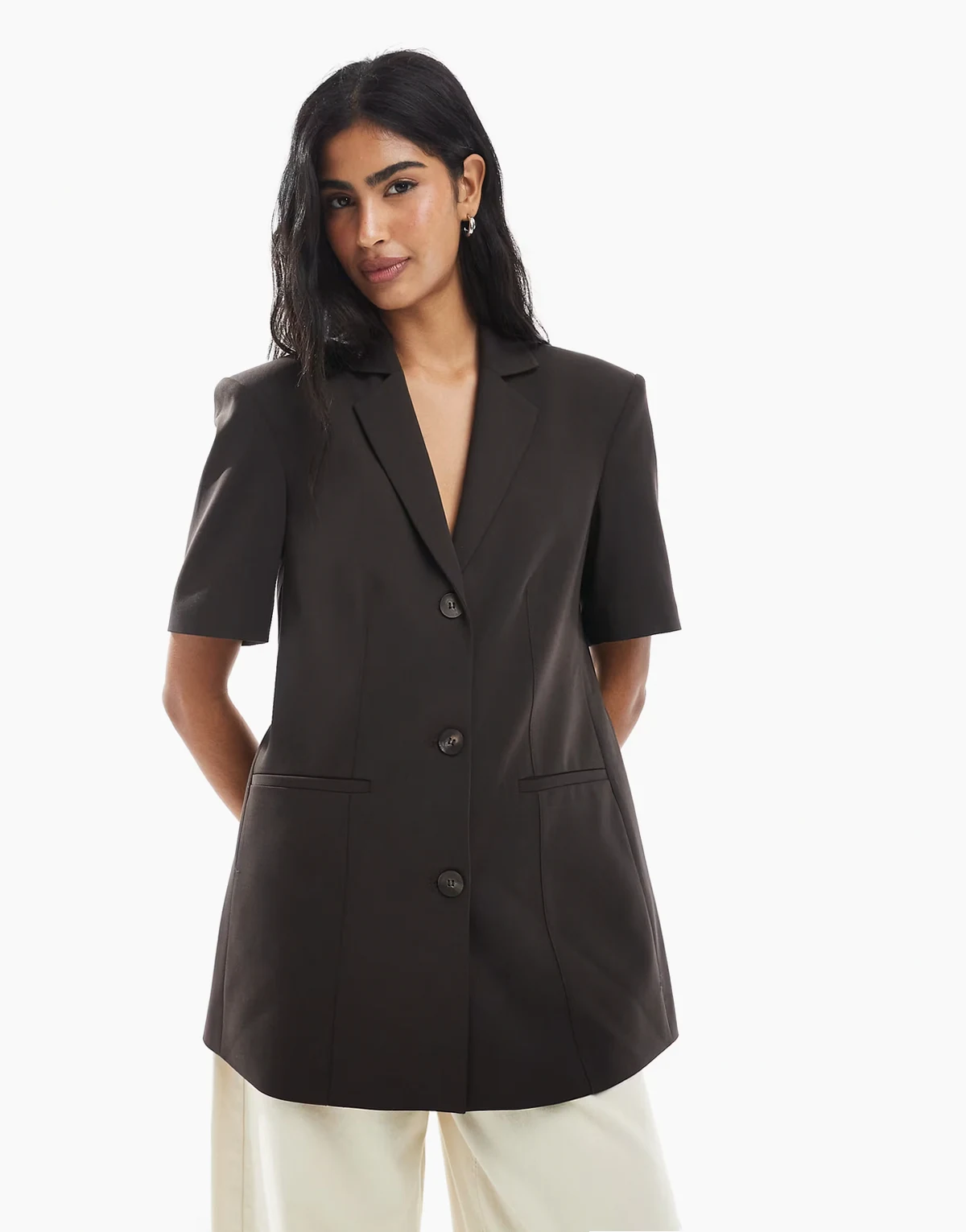 boxy oversized short sleeve blazer in chocolate