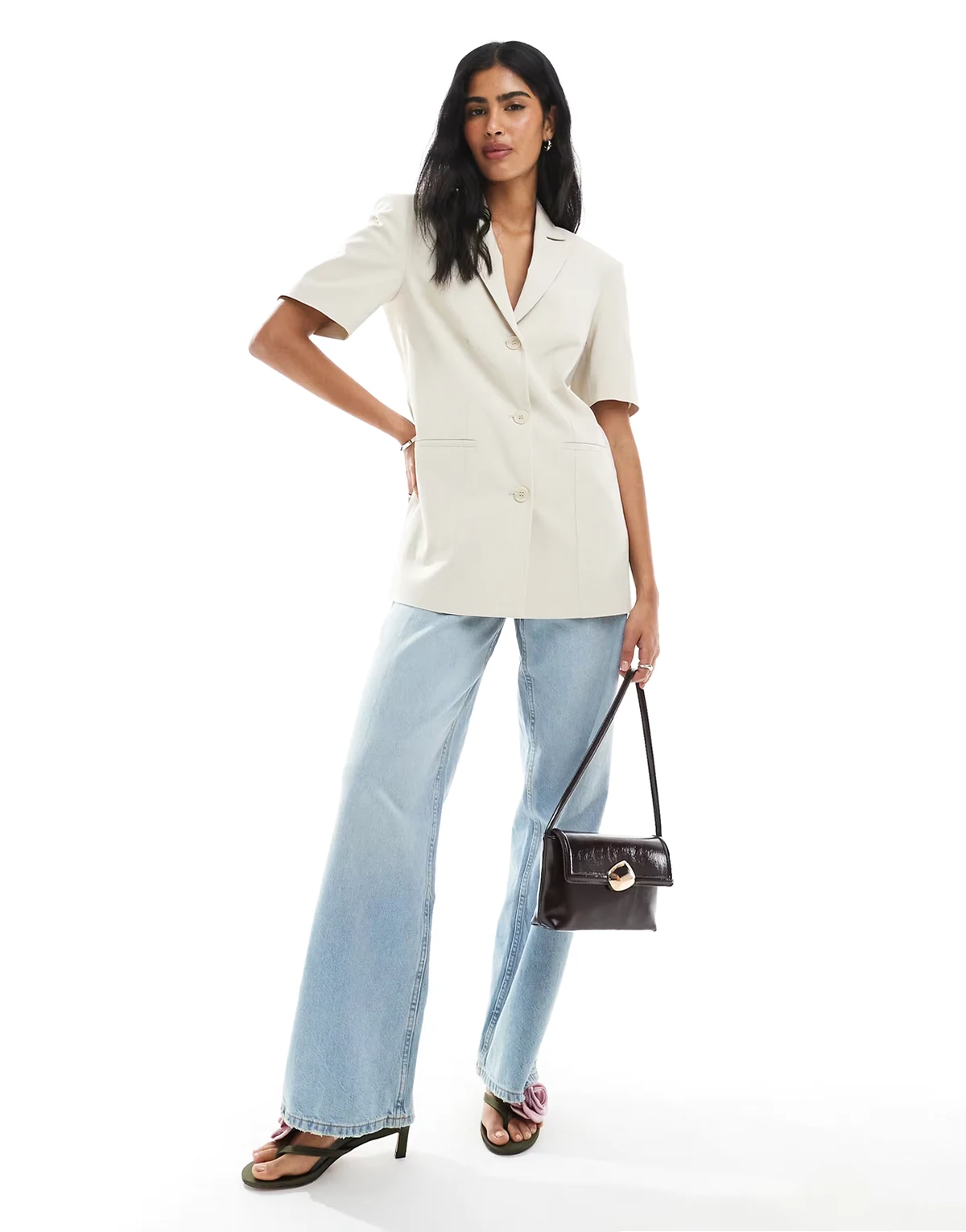 boxy oversized short sleeve blazer in stone