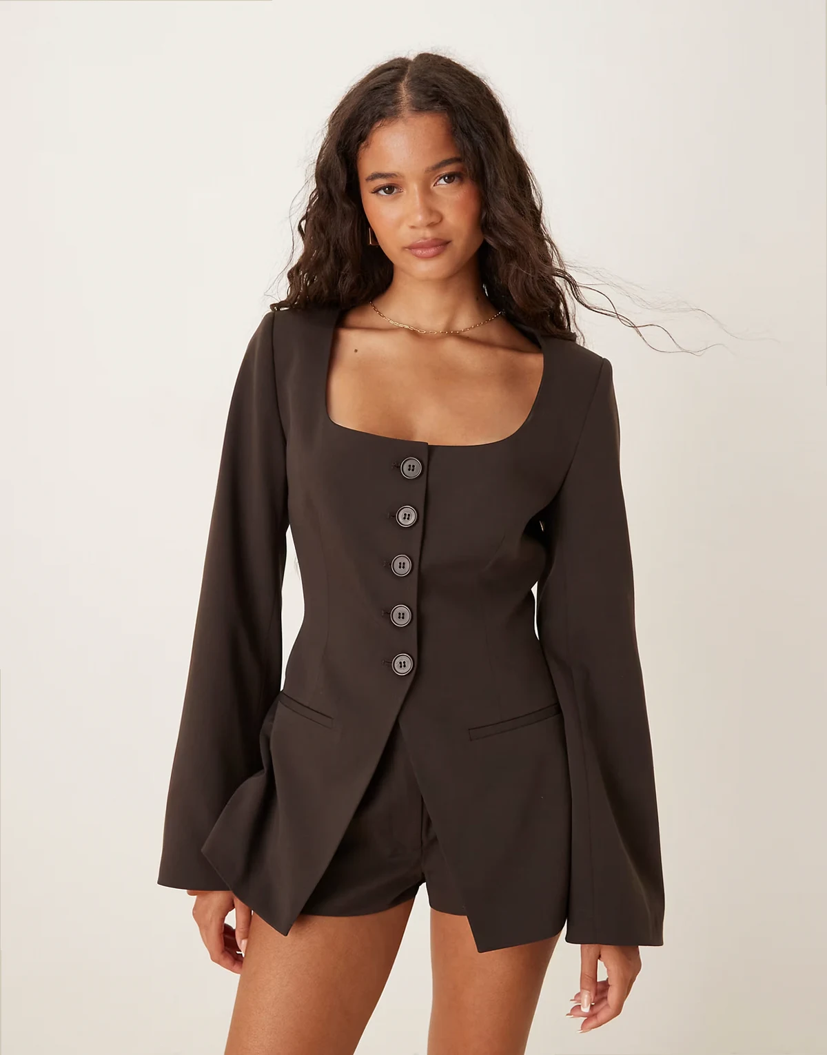 scoop neckline cinched blazer in chocolate