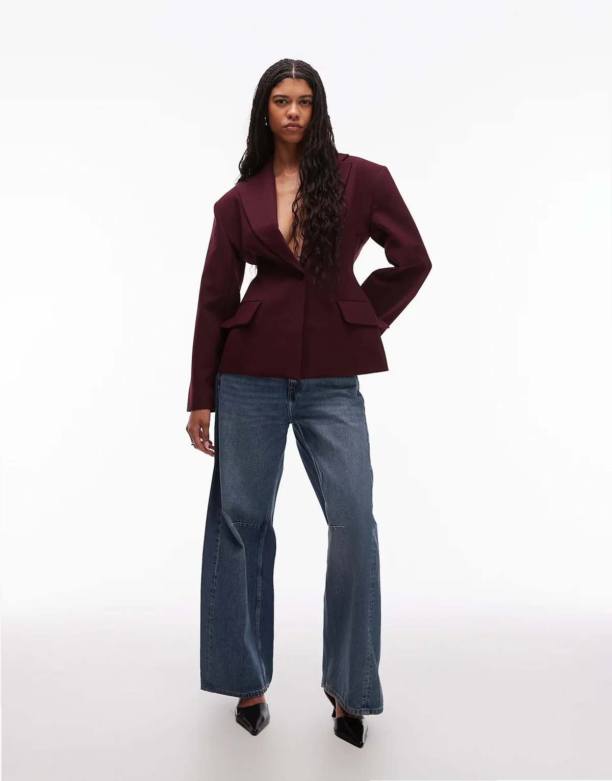 sculpted cinch waist blazer in plum