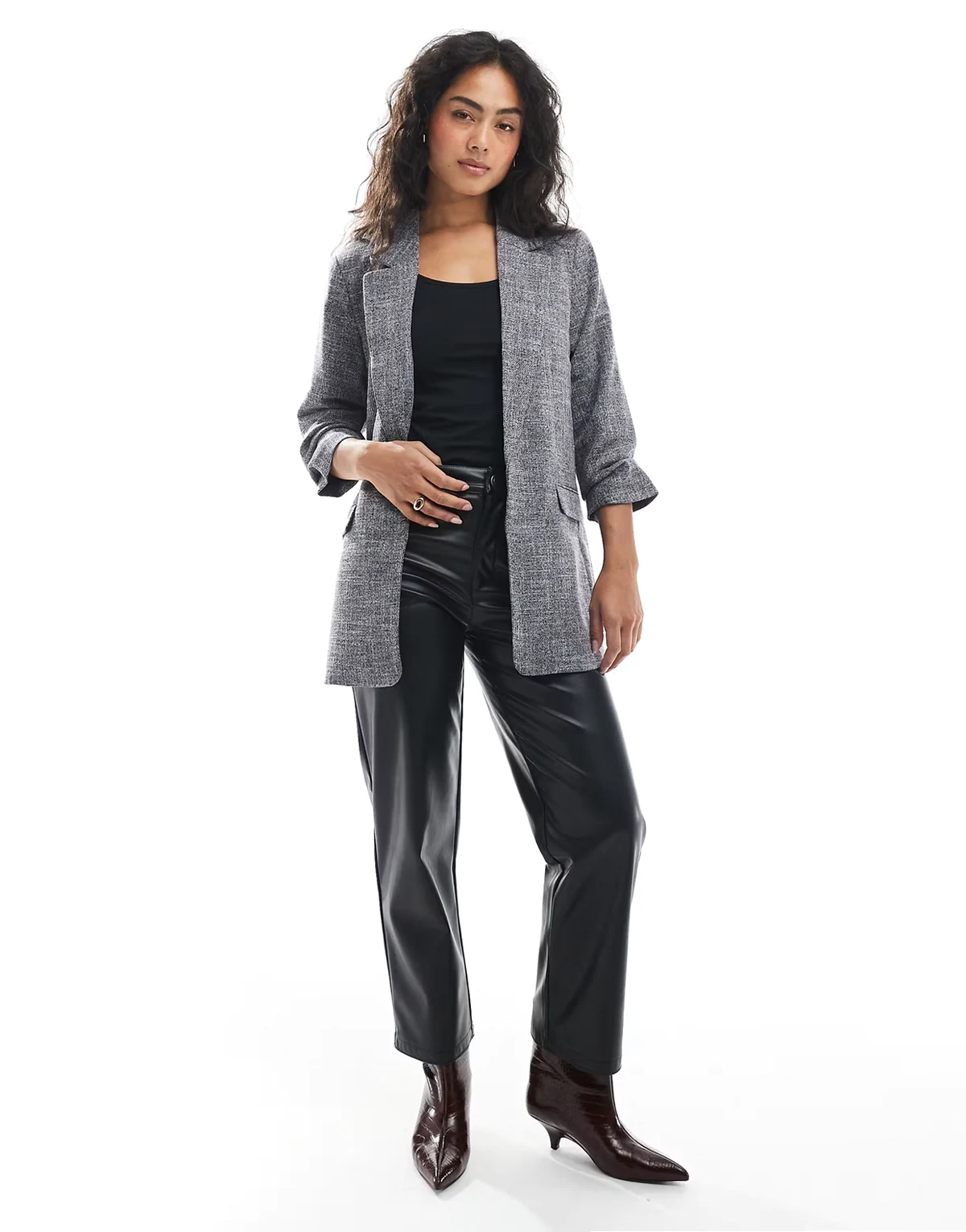 ruched sleeve blazer in salt and pepper melange