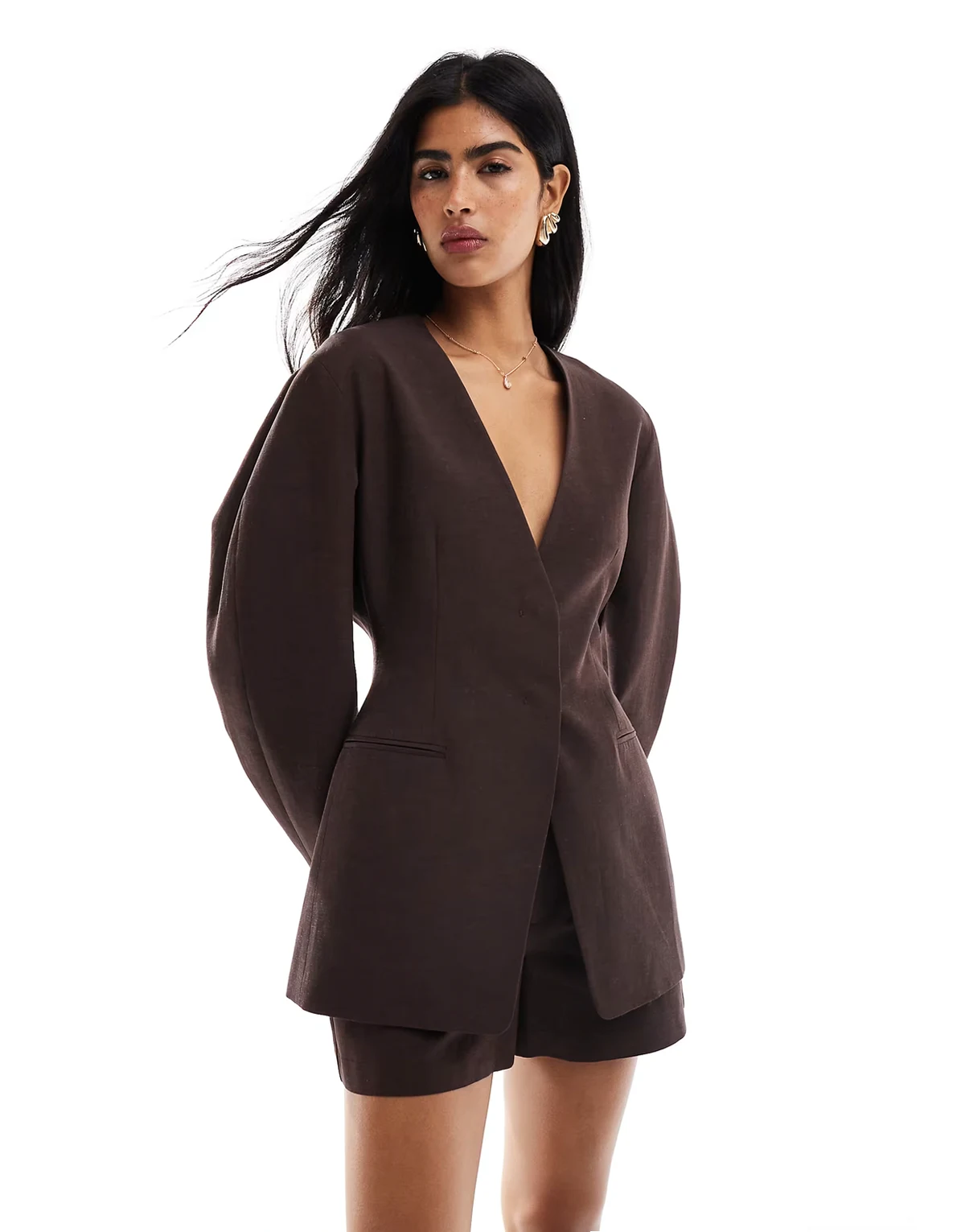 linen blend cinch collarless blazer in chocolate