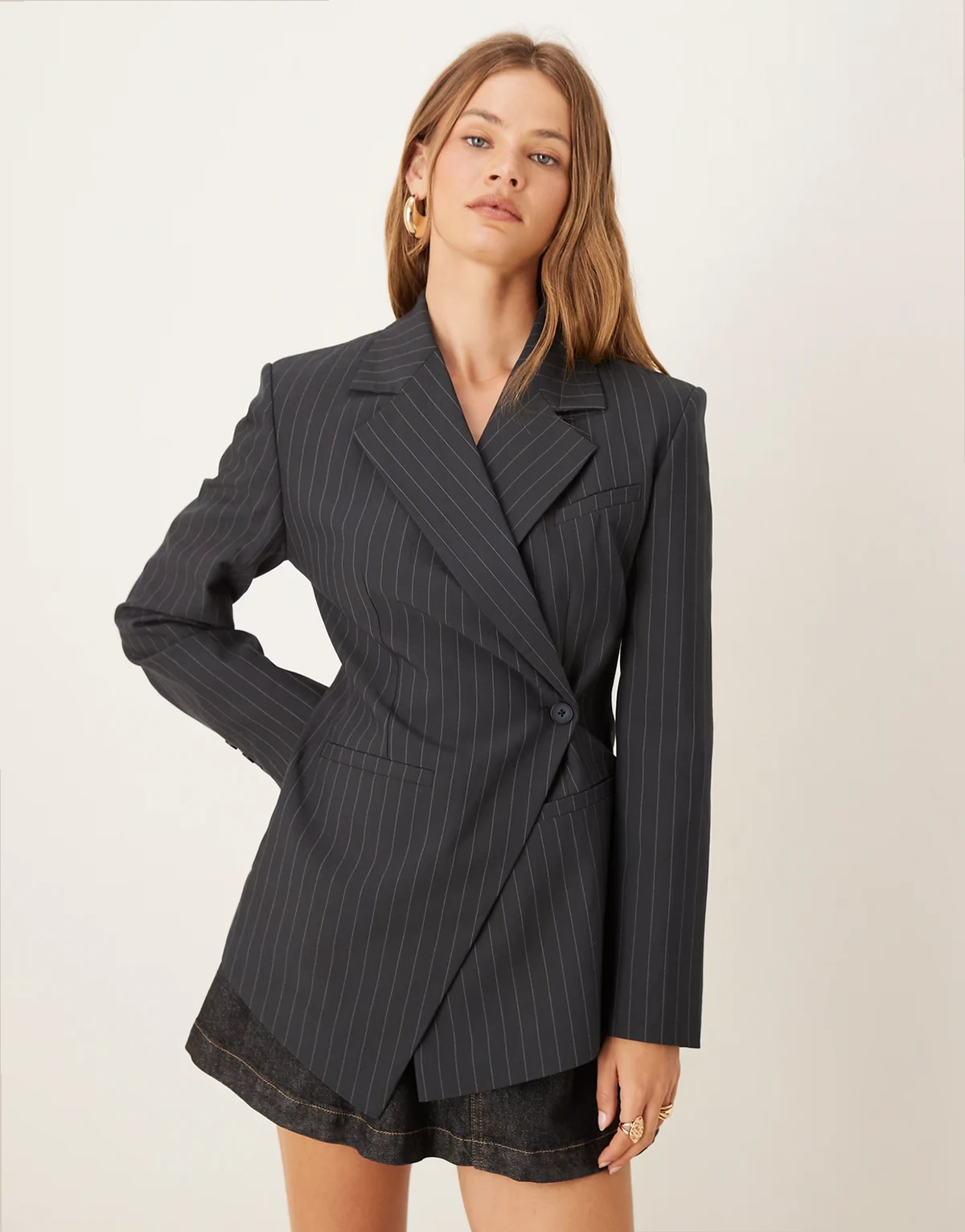 tailored nipped waist blazer with cut-away hem in navy pinstripe