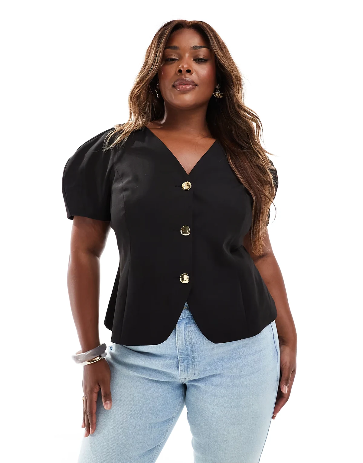 Curve – Blazer in Schwarz mit kurzen Ballonärmeln und geformter Hüftpartie