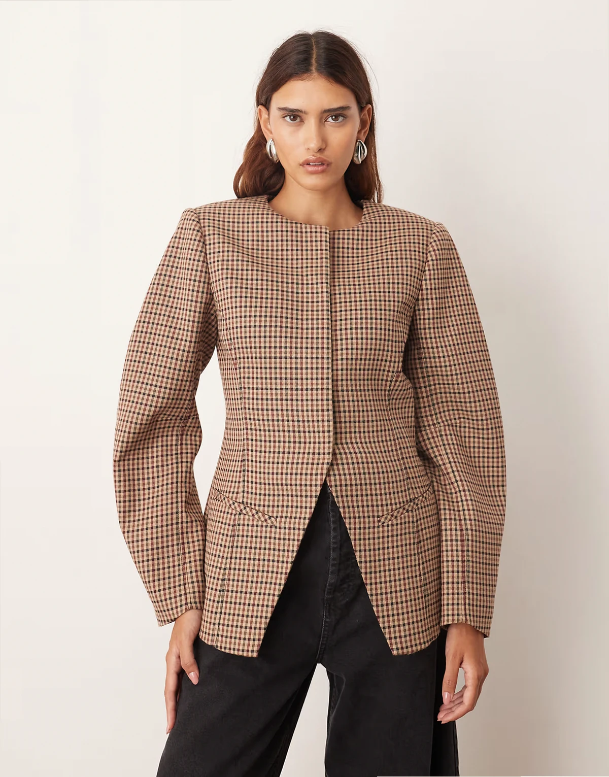 clean collarless sculpted blazer in micro plaid