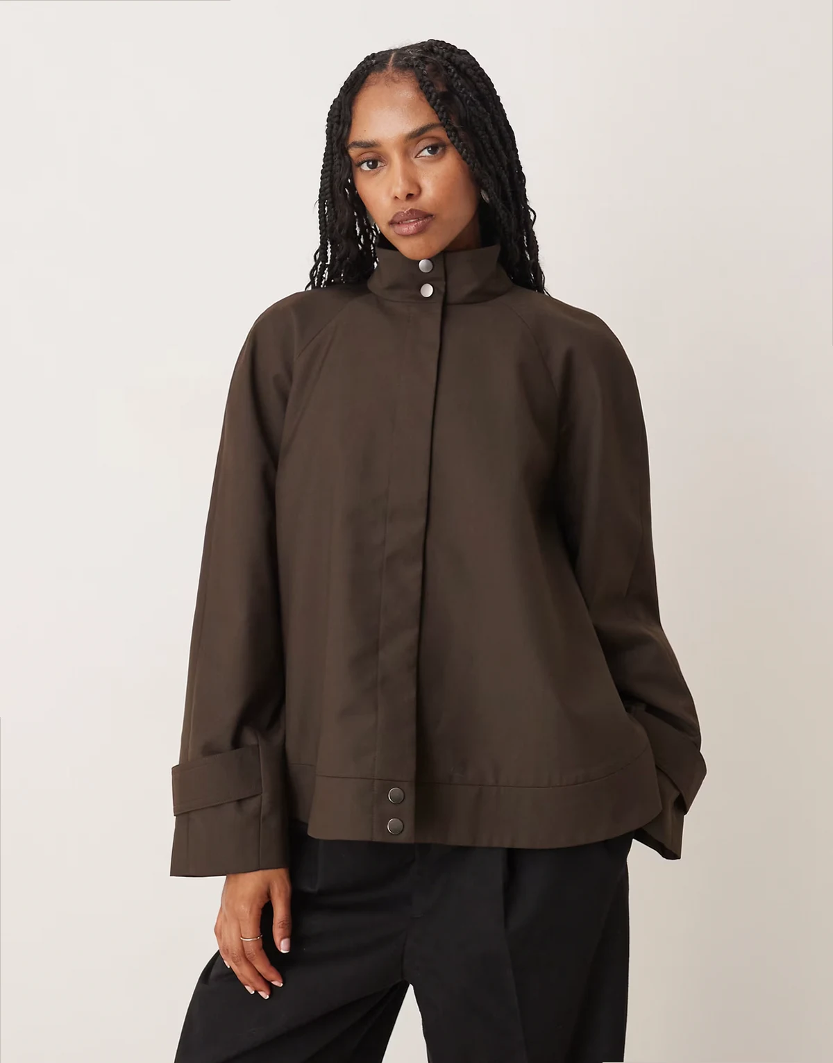tailored raglan sleeve high neck swing jacket in chocolate