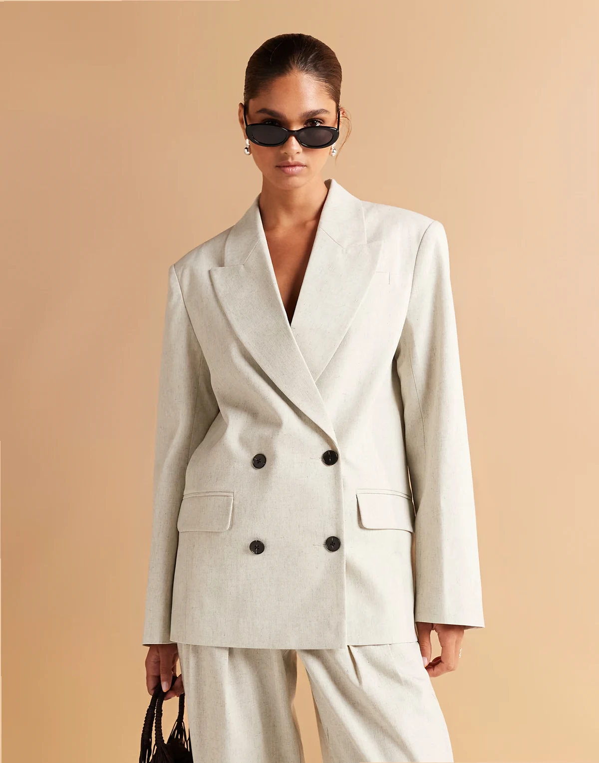 textured oversized double breasted blazer in off white
