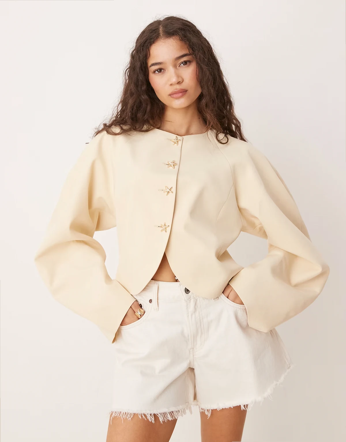 high neck cocoon sleeve blazer with gold starfish buttons in buttermilk