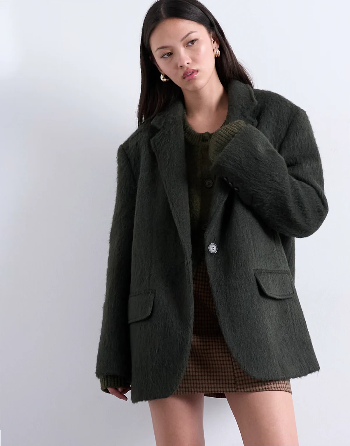 longline brushed one button wool blend blazer coat in khaki green