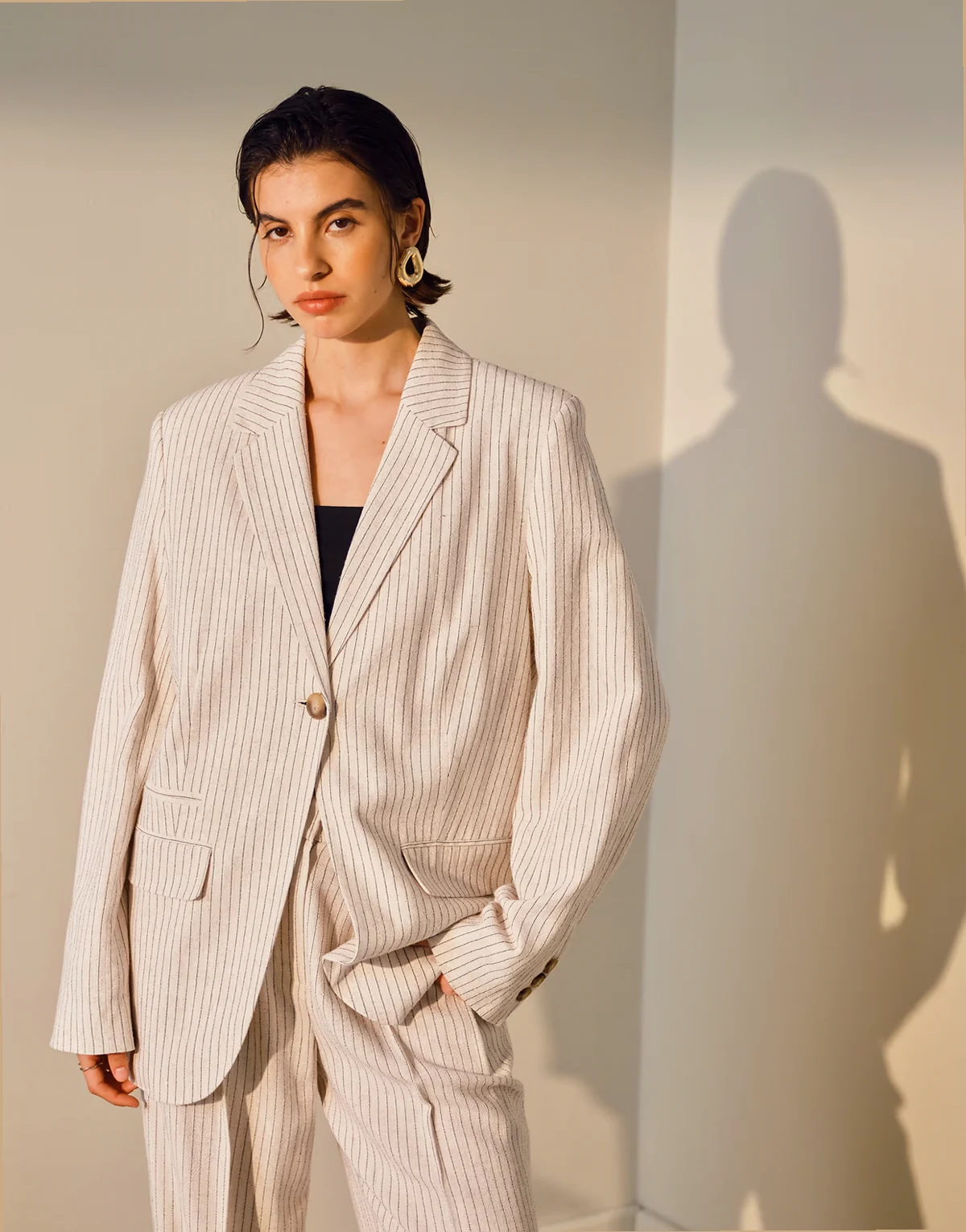 linen one button blazer in cream pinstripe - part of a set