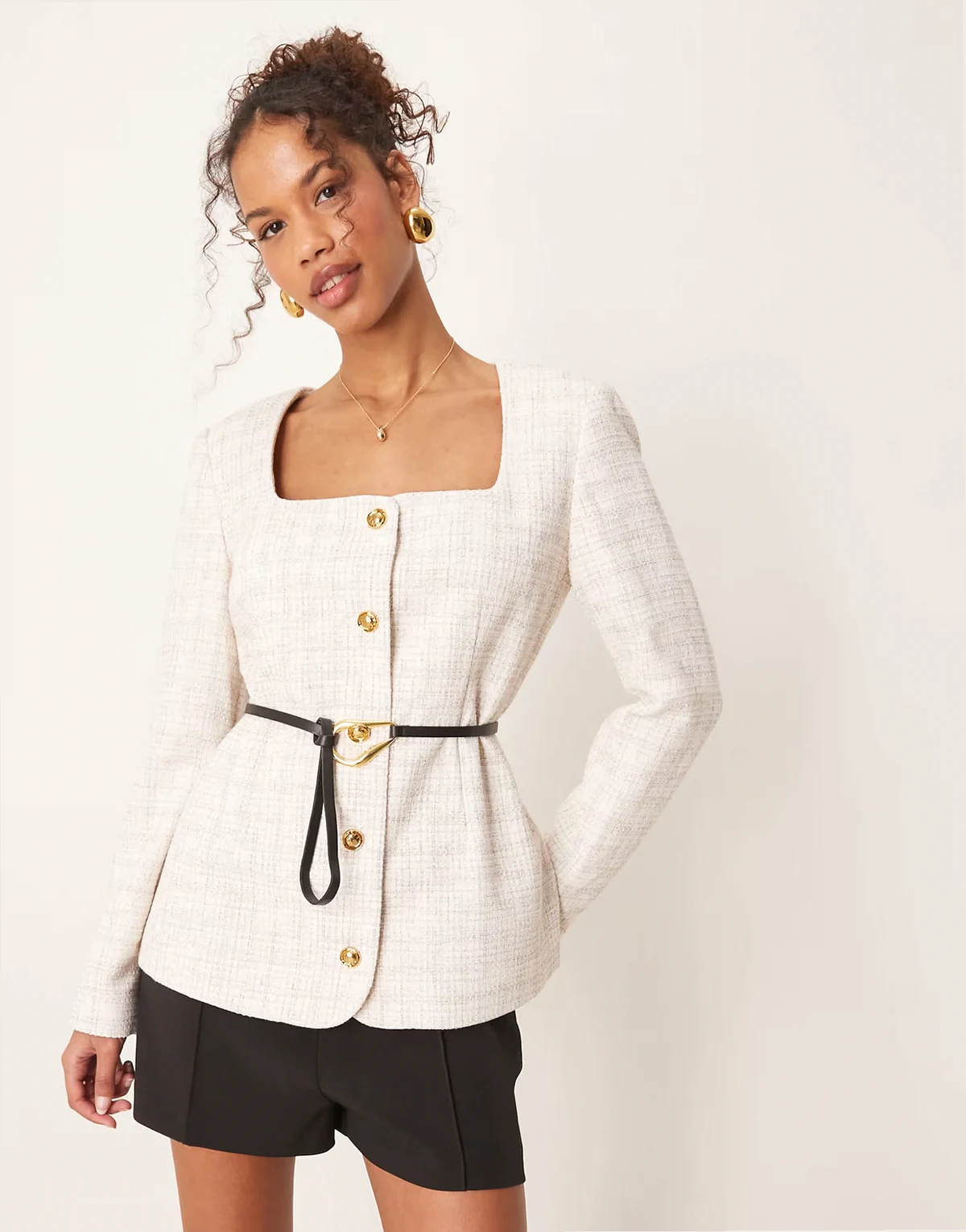 boucle scoop neck belted blazer in off white