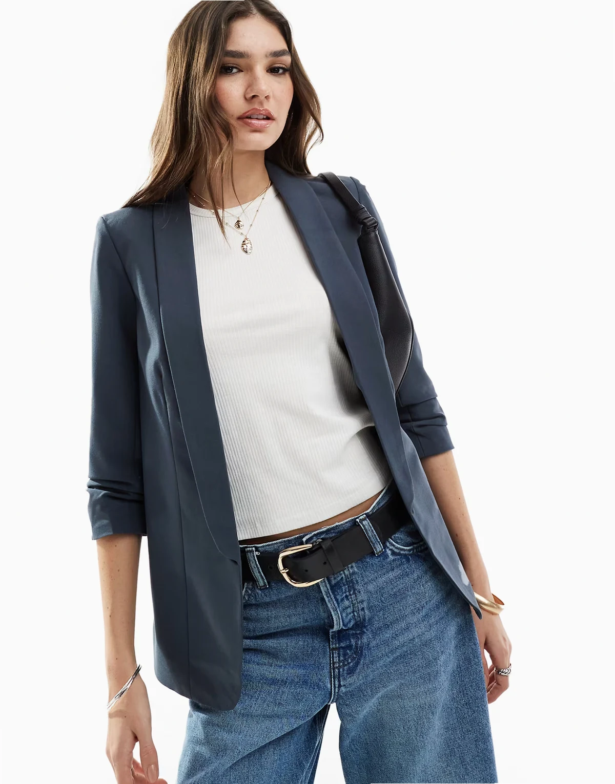 ruched sleeve blazer in ombre blue