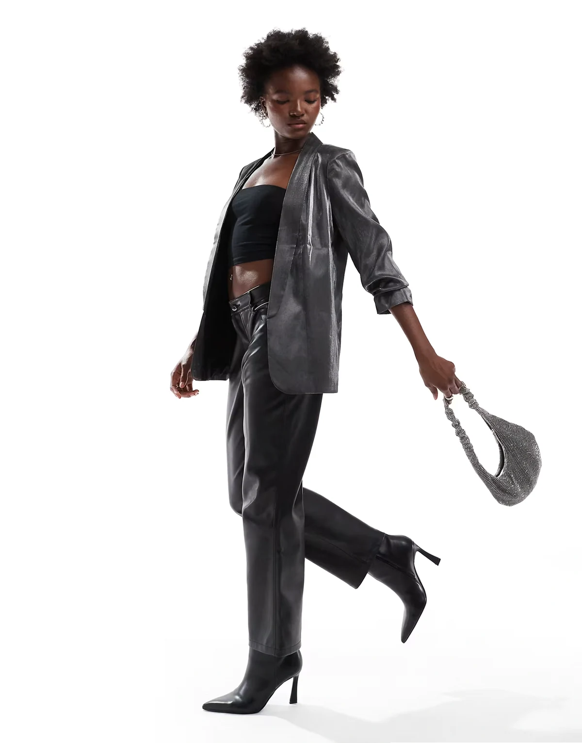 ruched sleeve blazer in metallic black