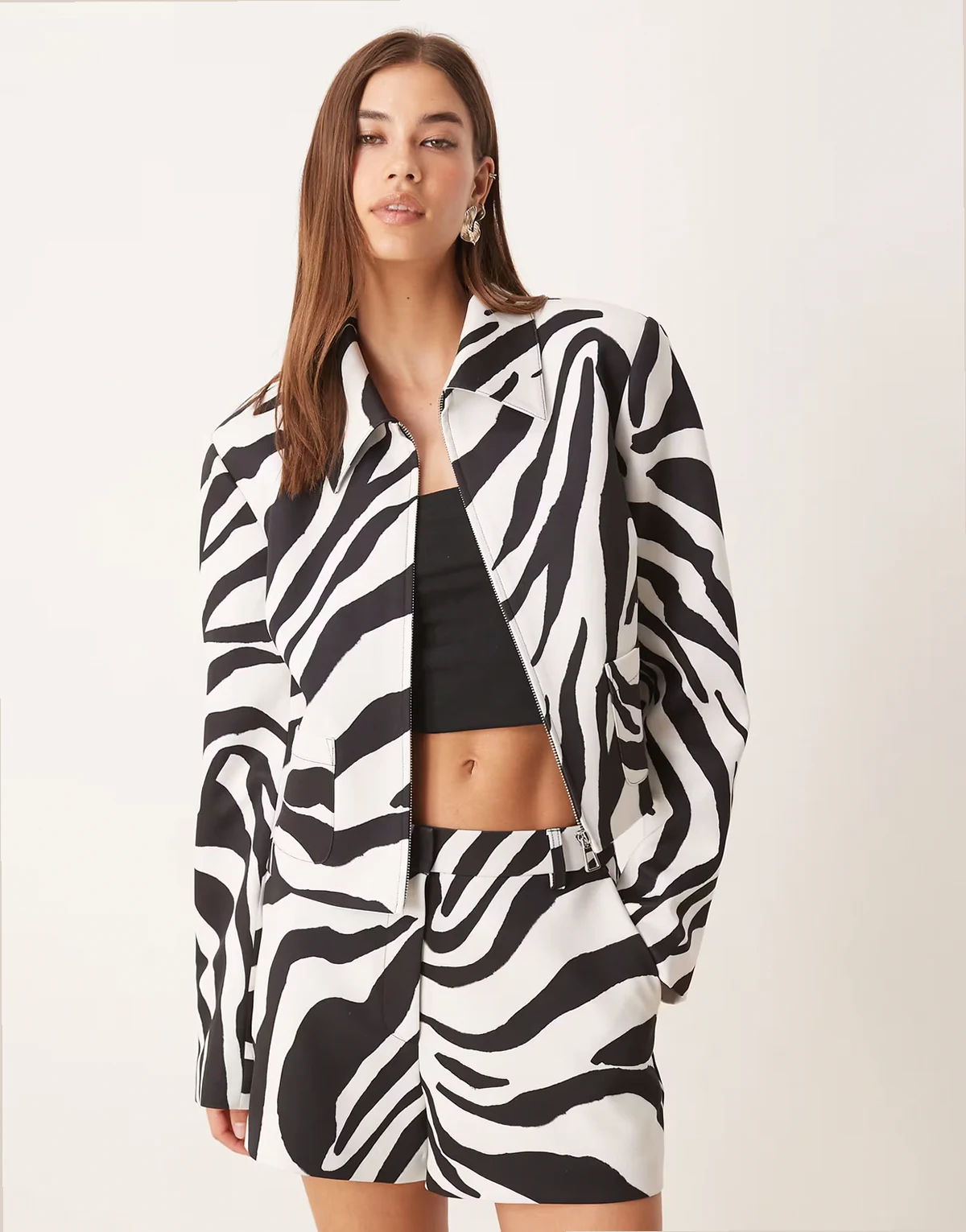 tailored zip front cropped blazer in zebra - part of a set