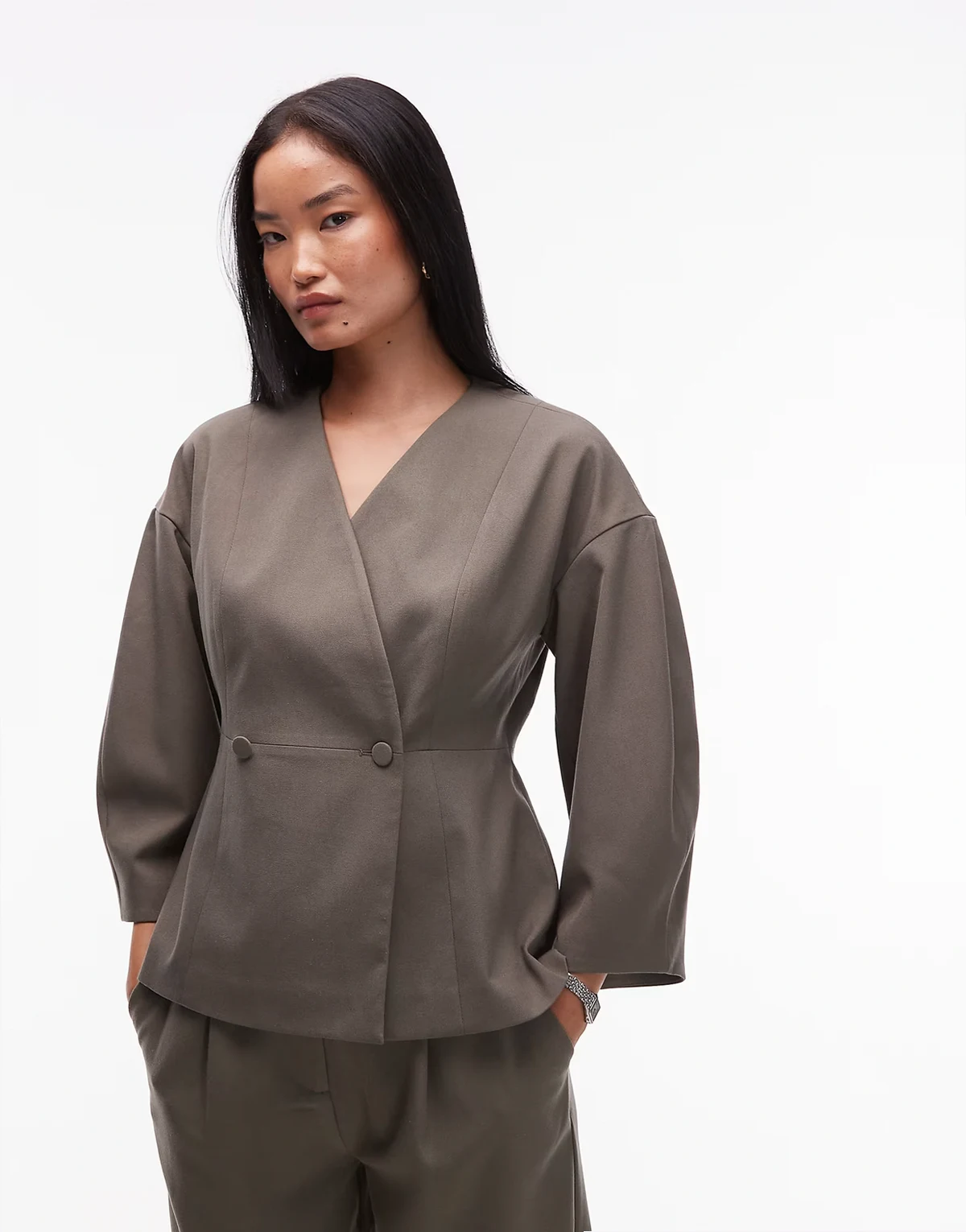 structured cinched waist tailored blazer in covert green - part of a set