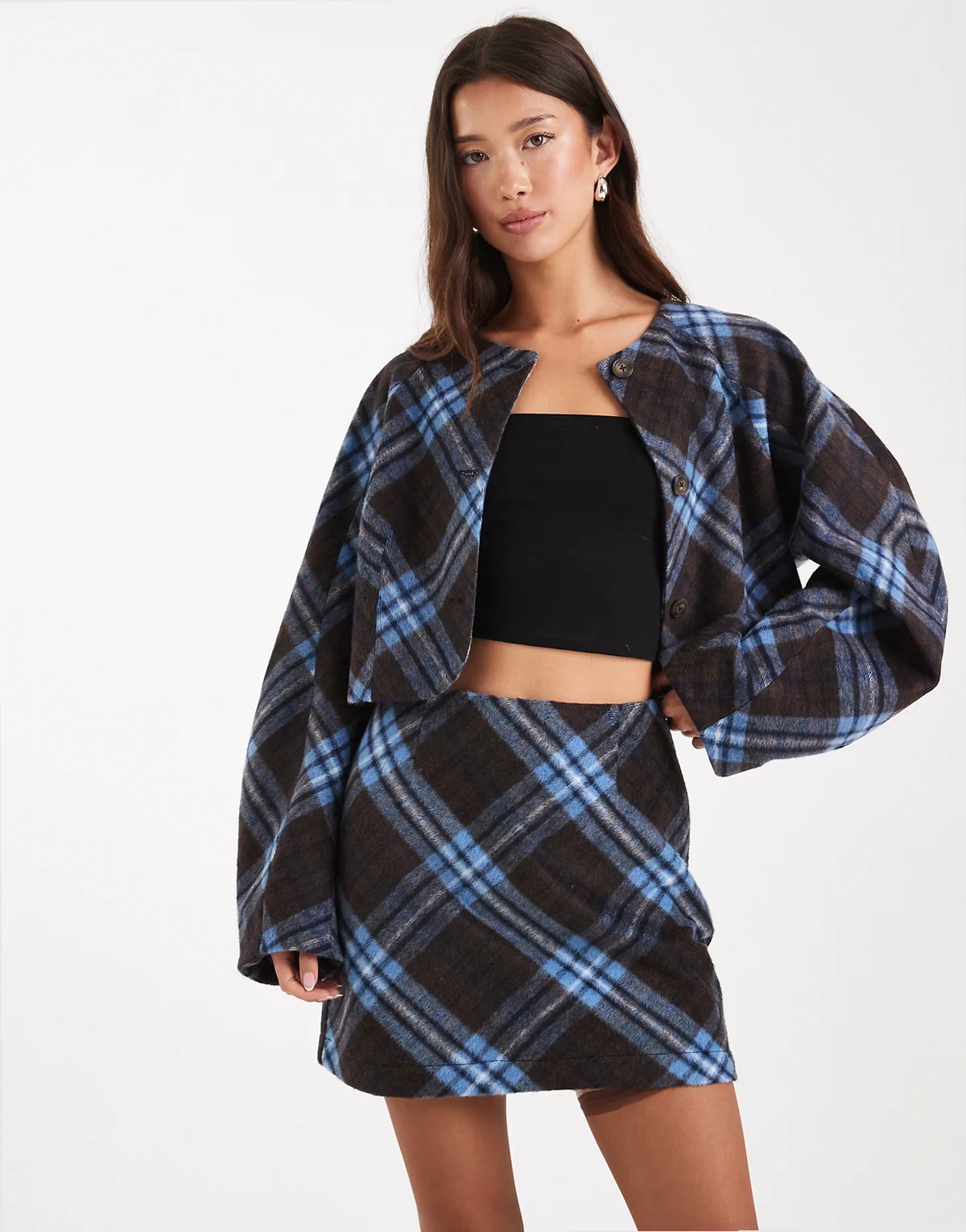 cropped cocoon sleeve blazer in brushed brown & blue check - part of a set