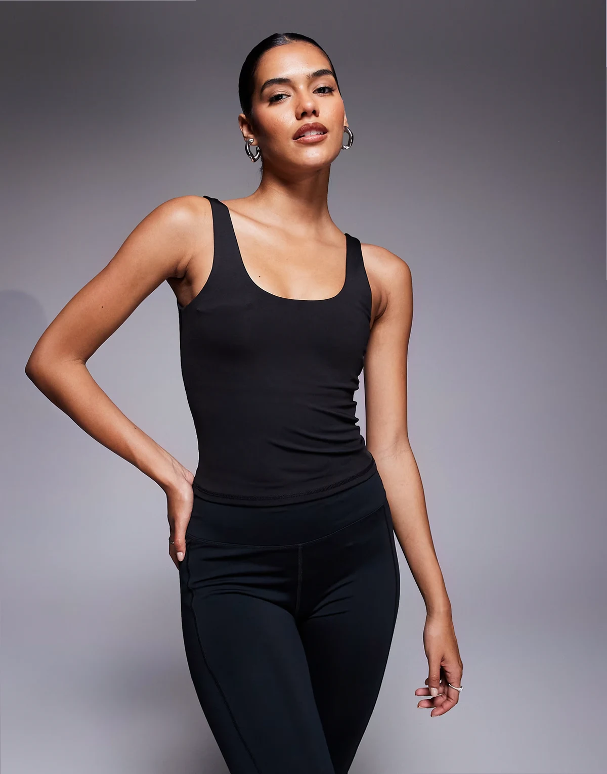 square neck tank top with inner bra in black