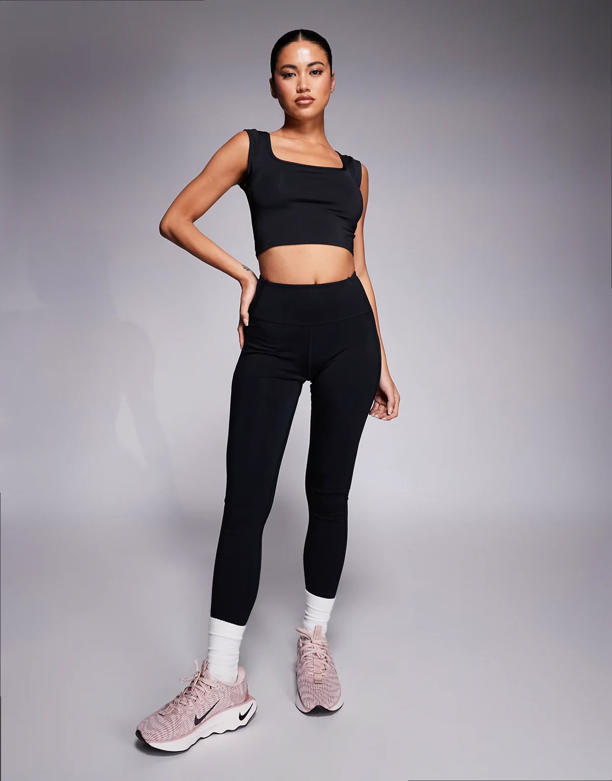 active square neck cap sleeve top in black
