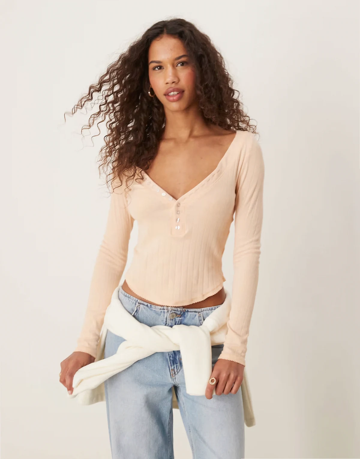 long sleeve pointelle henley top in peach
