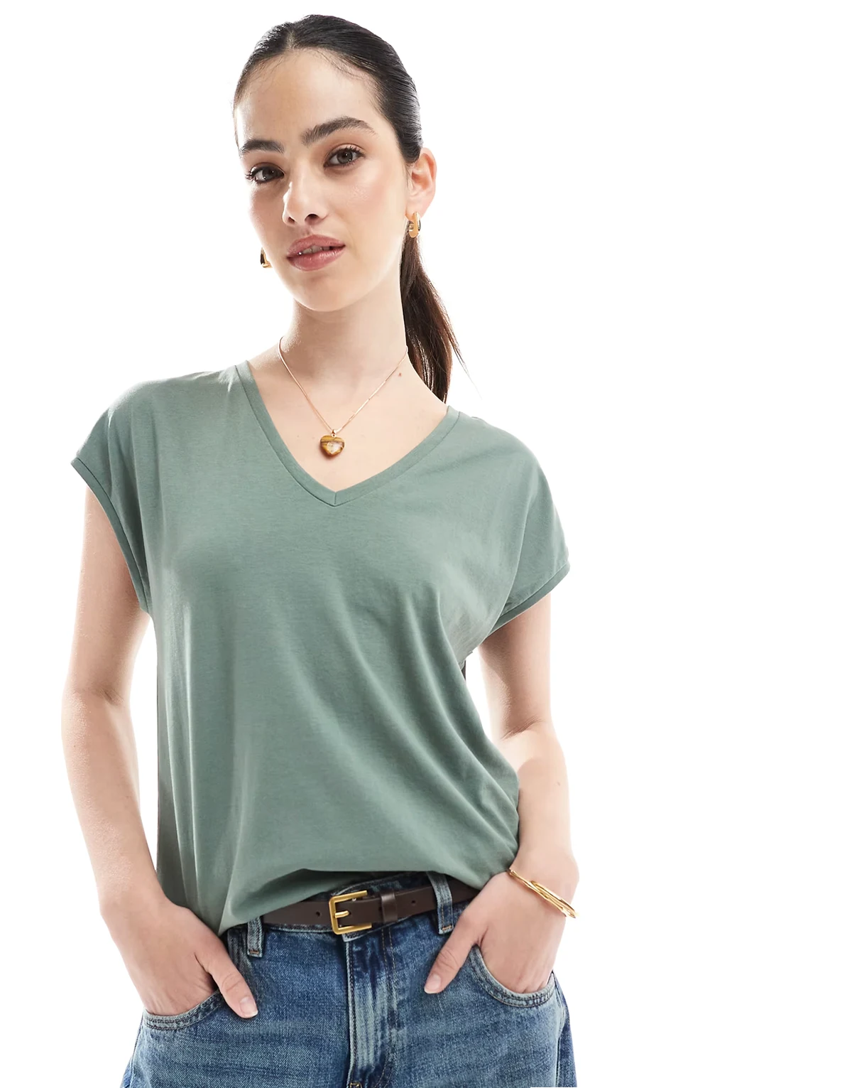 – Locker geschnittenes Oversize-T-Shirt in Khaki mit V-Ausschnitt