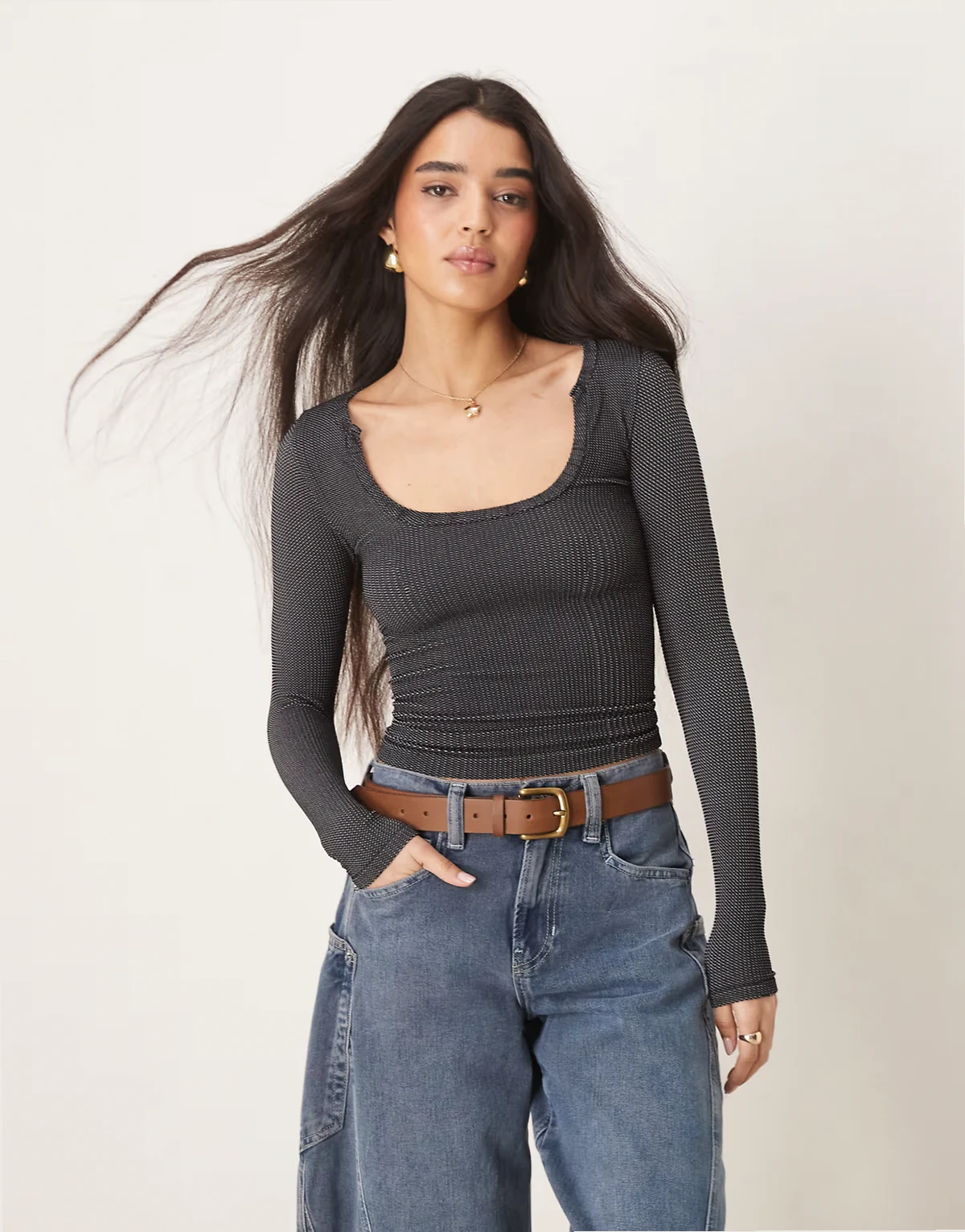 ribbed scoop neck long sleeve top in washed black