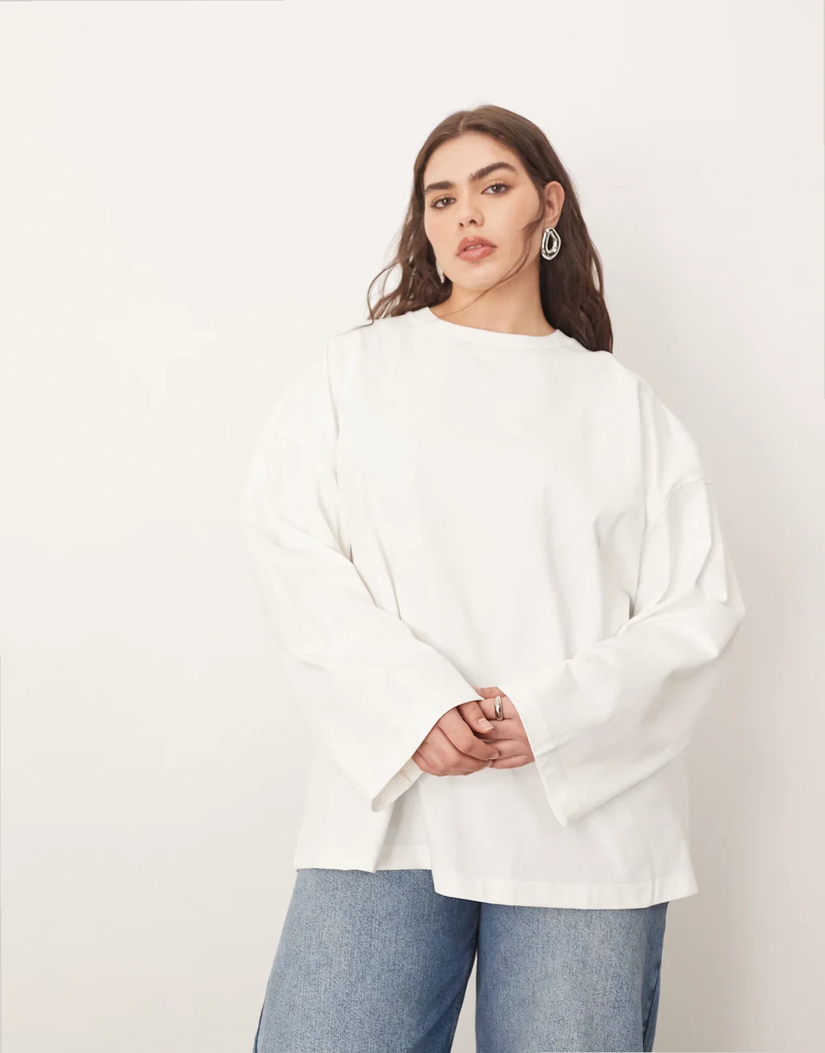 Curve cotton oversized long sleeve T-shirt in white