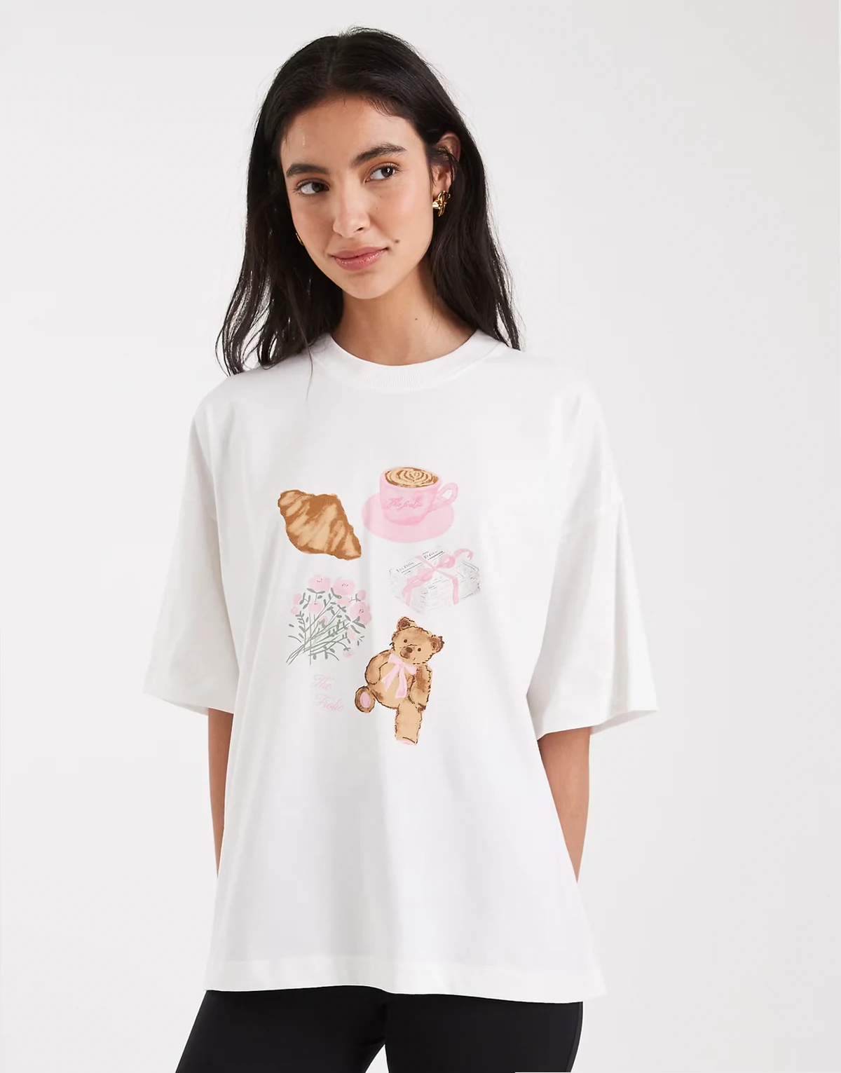 – Exclusive – Kremowy T-shirt oversize z mieszanki bawełny z przytulną grafiką
