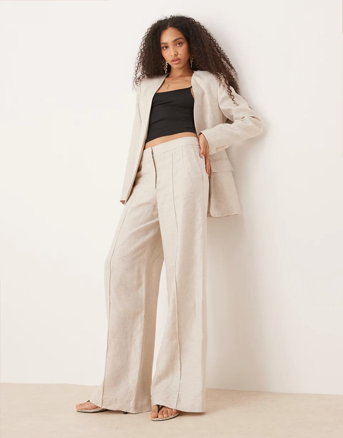 linen mid waist straight leg pants in oatmeal - part of a set