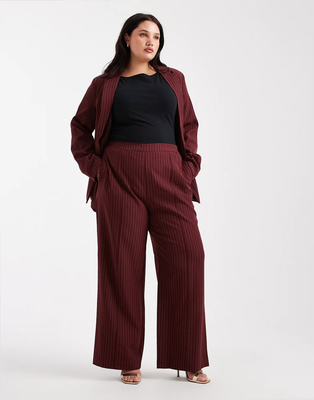 Pieces Curve tailored pants in burgundy pinstripe - part of a set