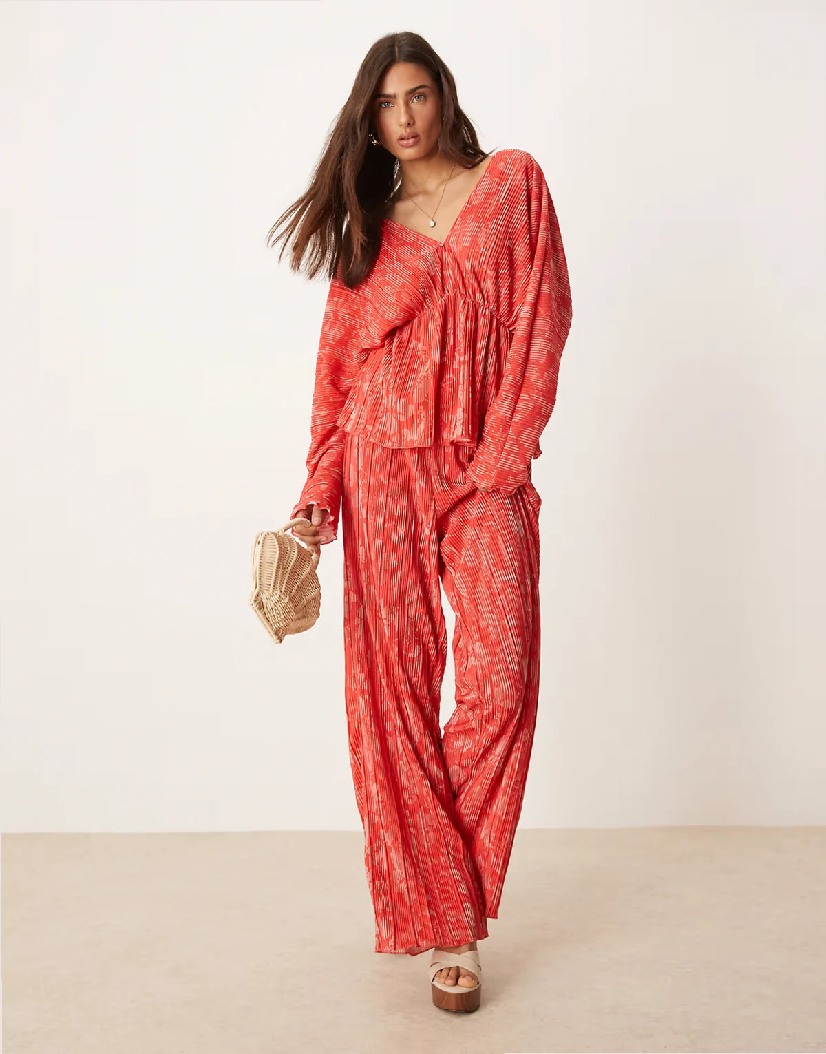 floral printed plisse pants in red and pink - part of a set