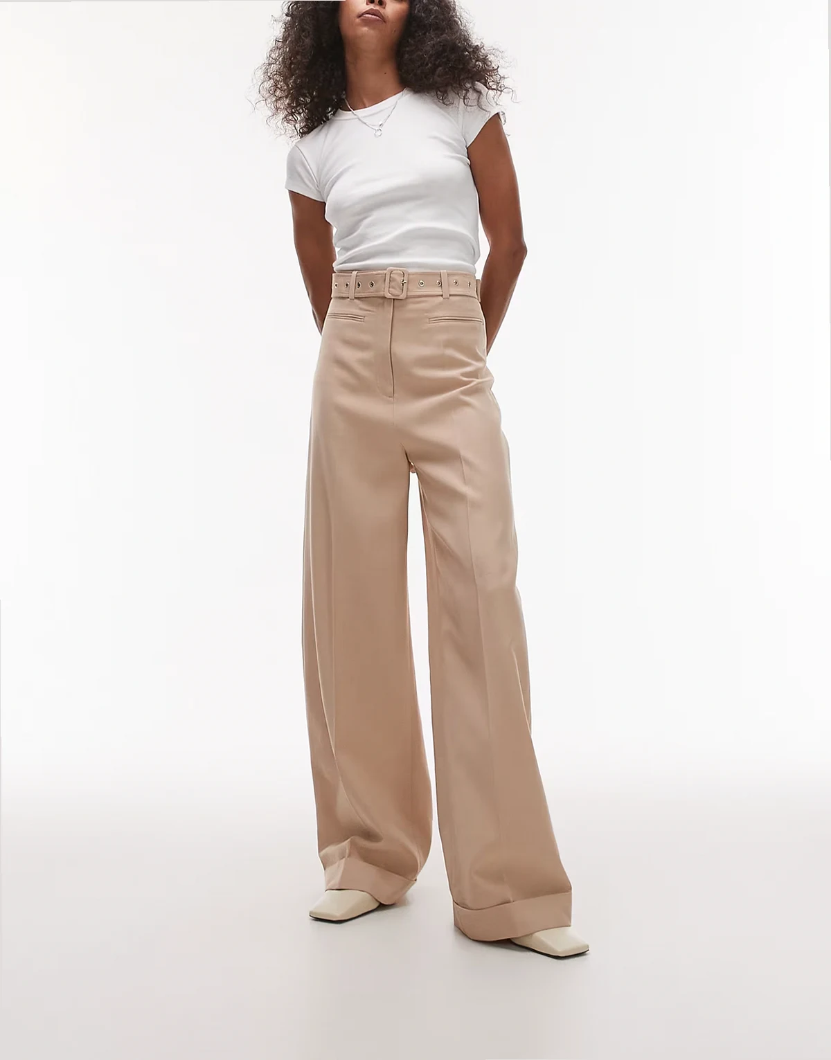 fluid wide leg pants with eyelet belt in beige