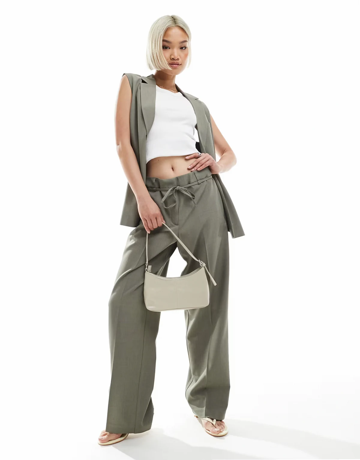 straight leg tailored pants with string detail in sage gray - part of a set