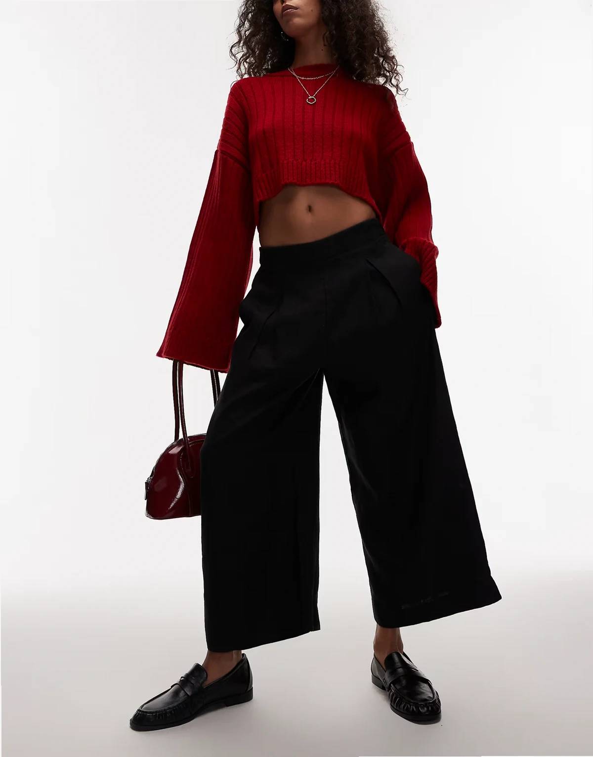linen pull-on wide leg pants with box pleat detail in black