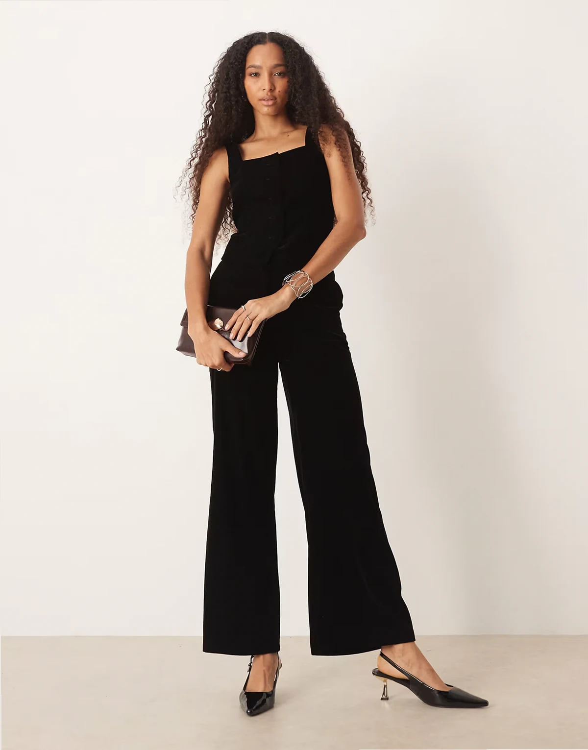 slim leg velvet pants in black - part of a set