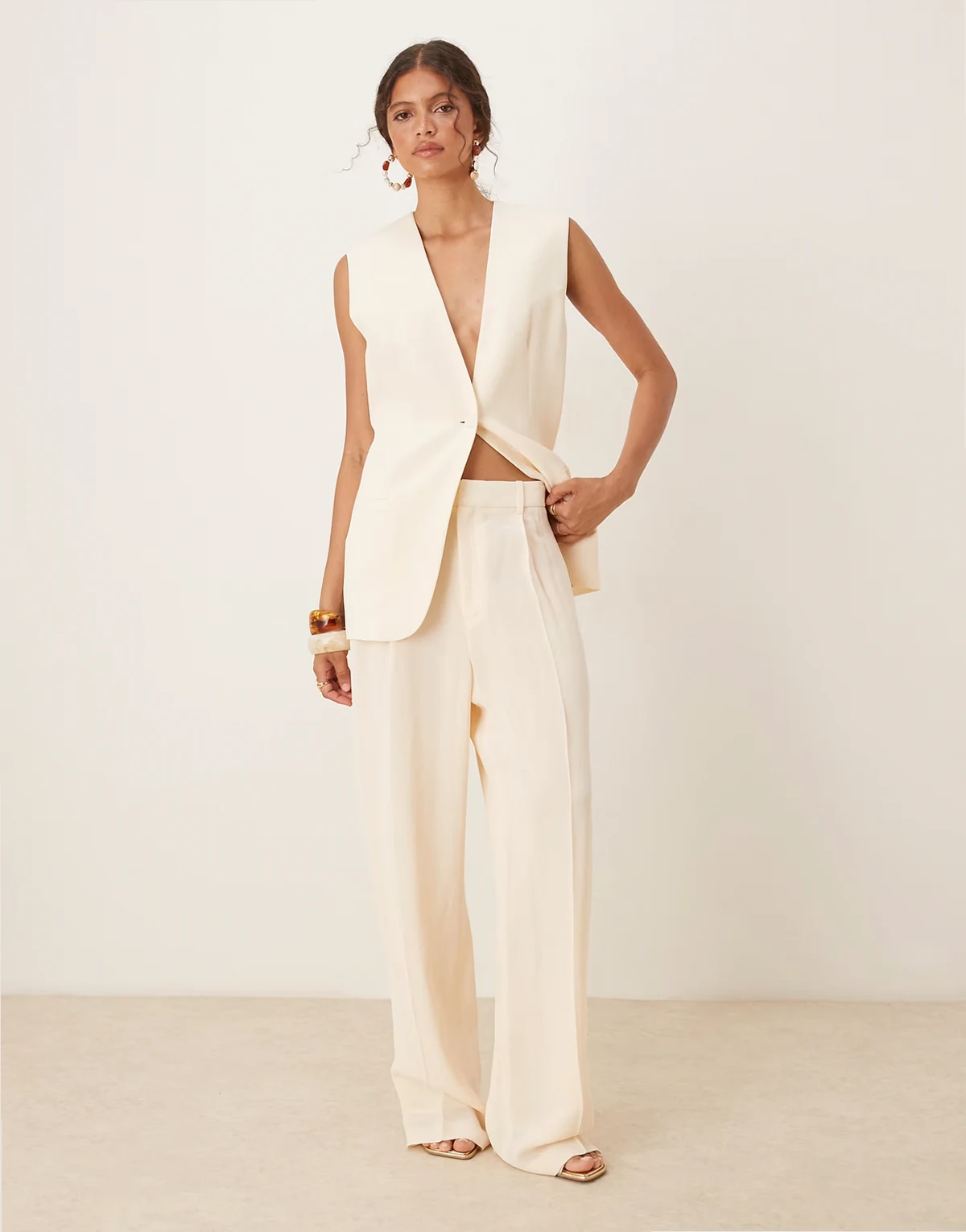 straight leg pleated front lightweight pants in buttermilk - part of a set