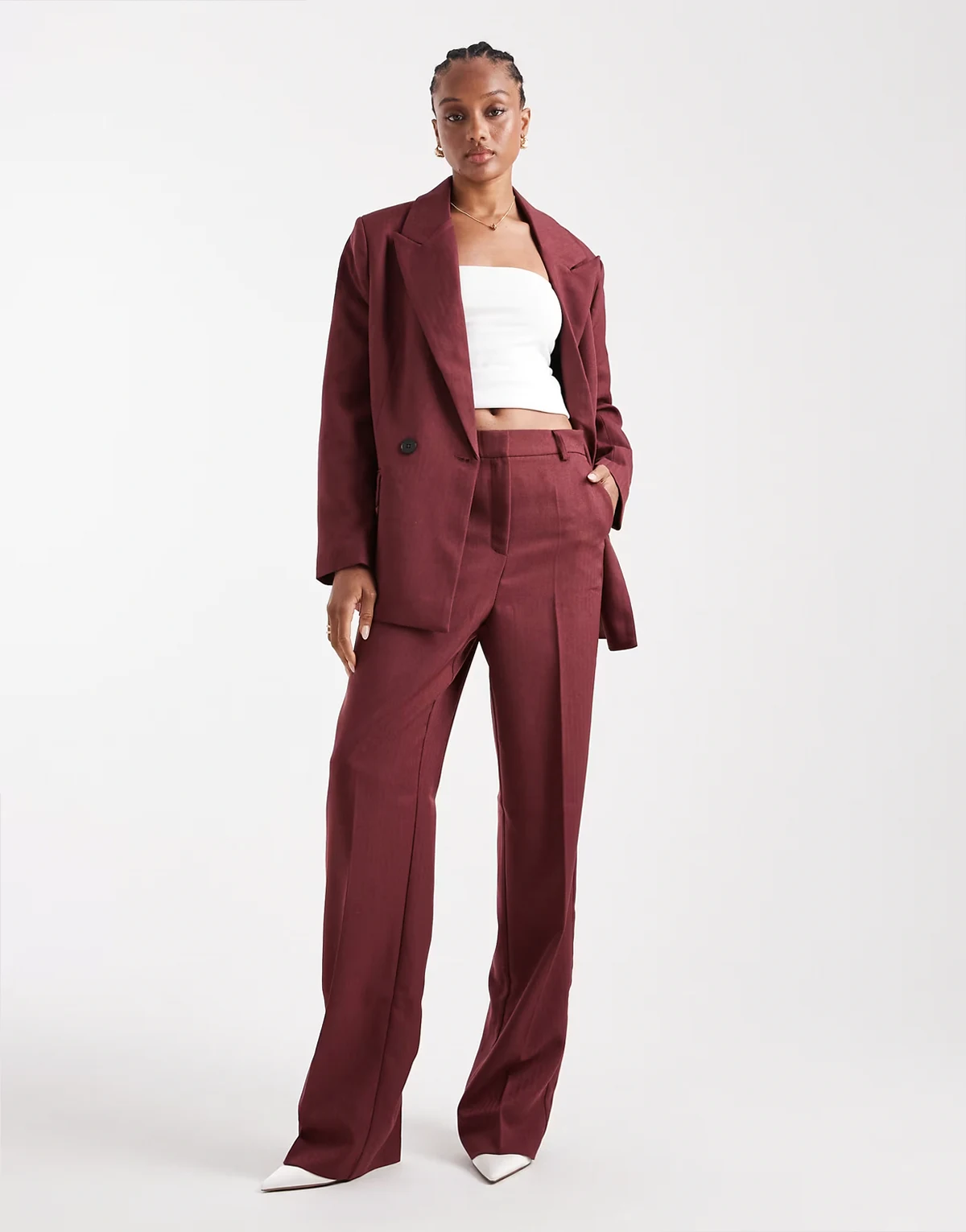 tailored herringbone wide leg pants in burgundy - part of a set