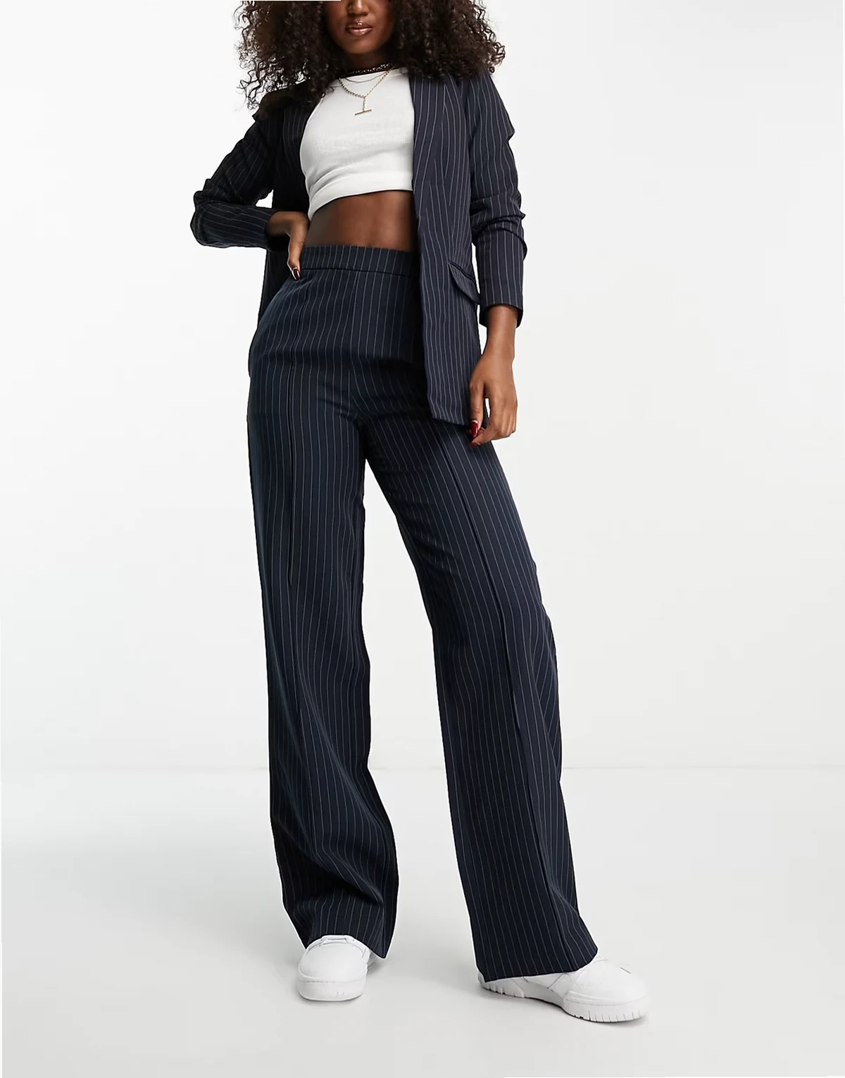 tailored pants in navy pinstripe - part of a set